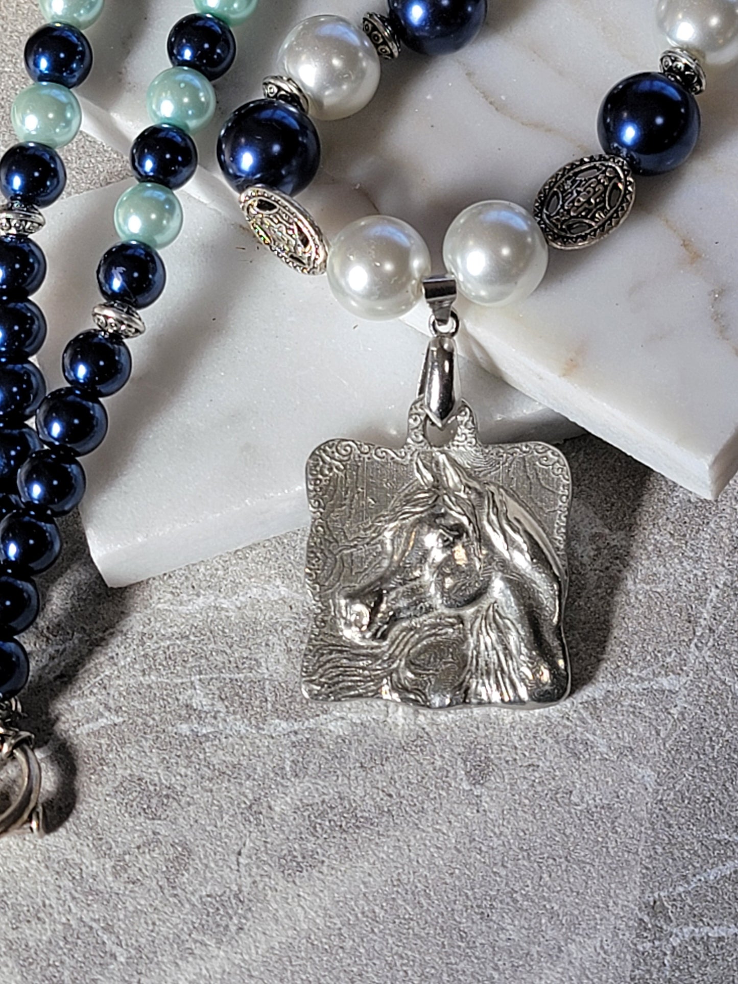Arabian Horse Glass Pearl & Pewter Necklace with matching earrings