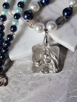Arabian Horse Glass Pearl & Pewter Necklace with matching earrings