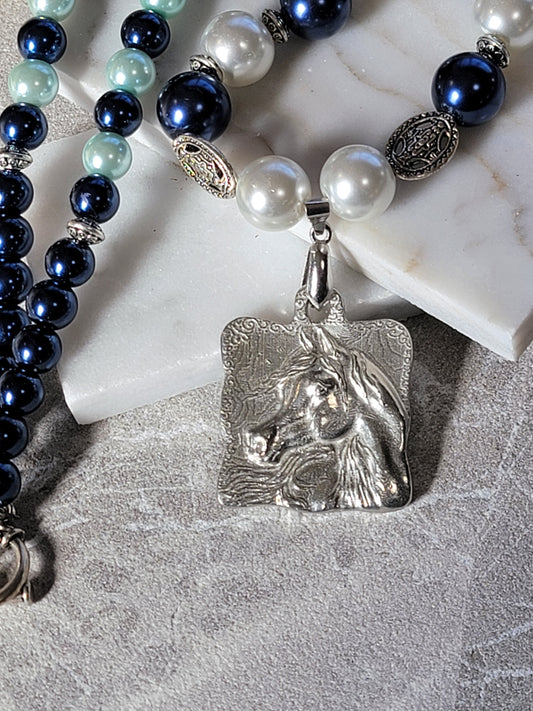 Arabian Horse Glass Pearl & Pewter Necklace with matching earrings