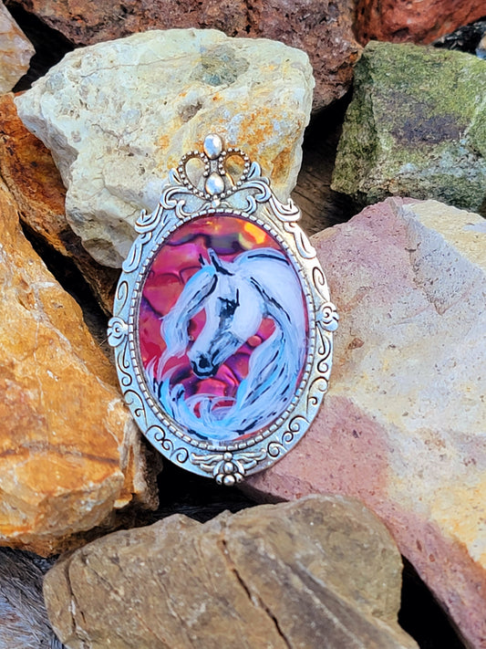 Arabian Horse Hand painted Brooch pendant 2 in 1 combo red abalone