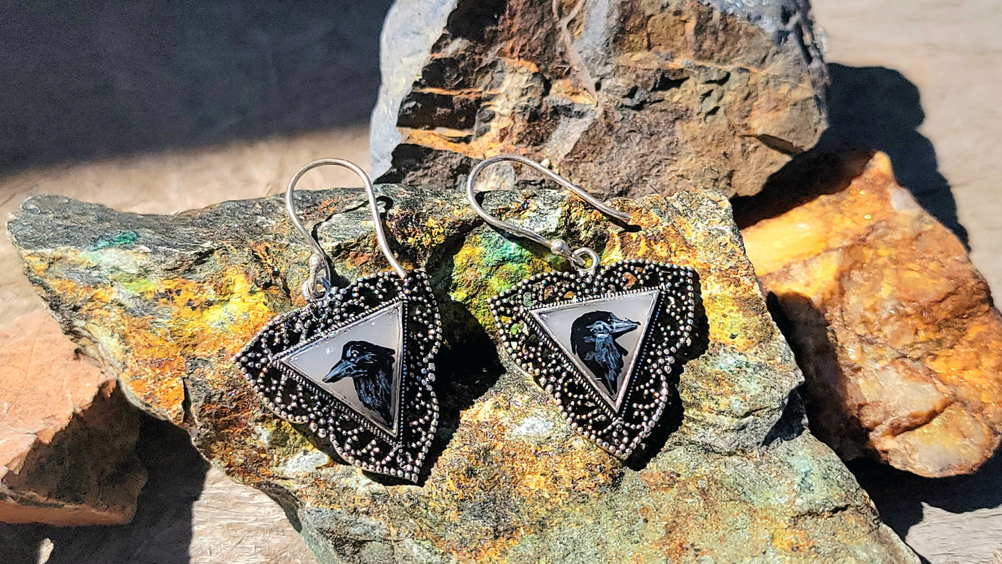 Hand Painted Raven Moonstone Gothic Sterling Silver Earrings