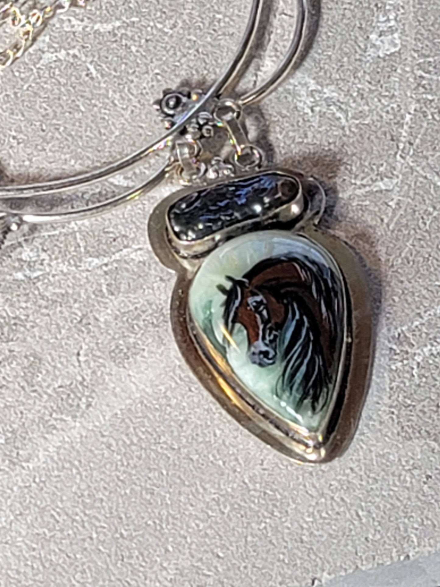 Hand-Painted Bay Horse Gemstone Necklace | Sterling Silver | Adjustable 20"