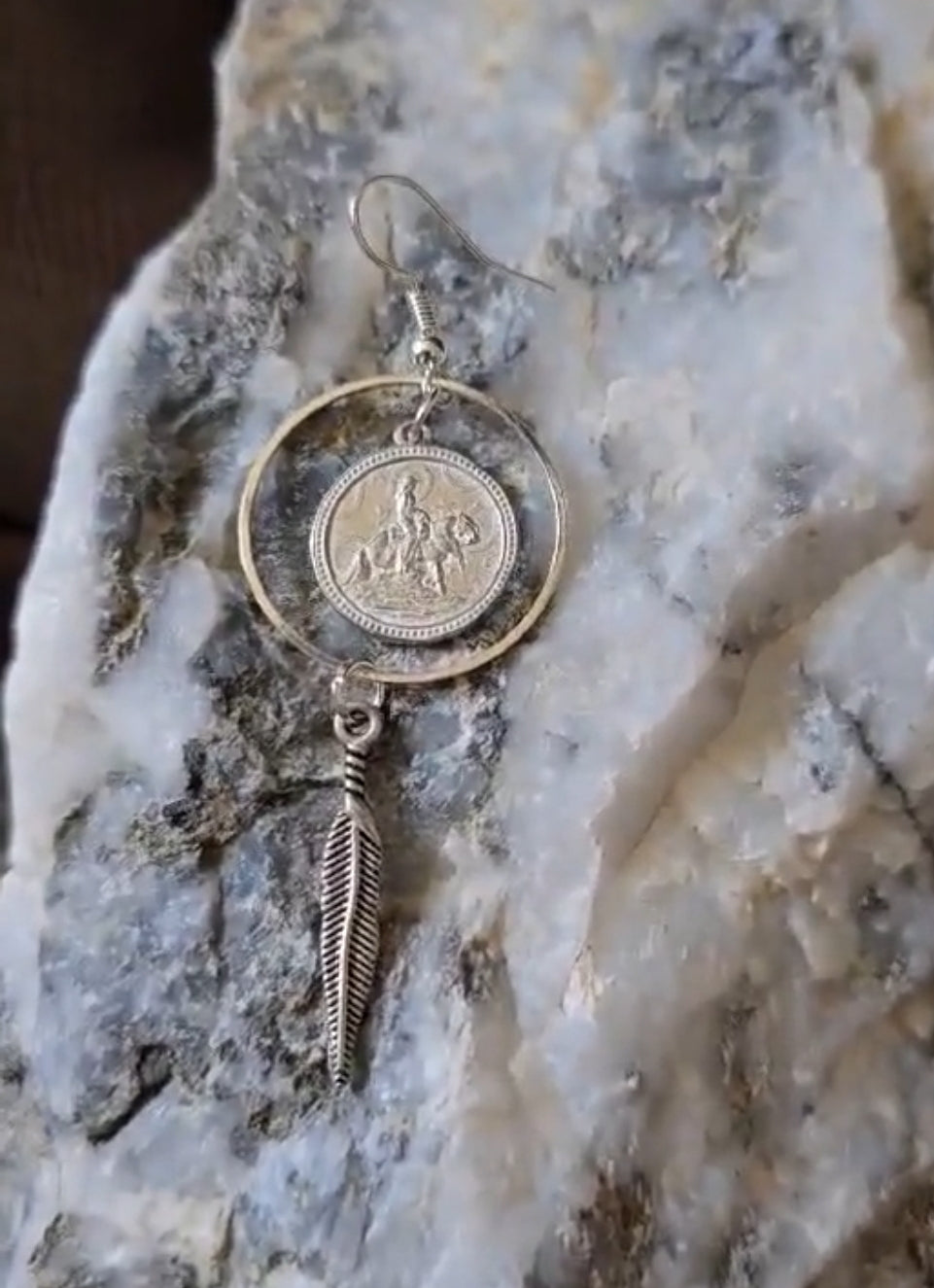 Reining Horse Hoop and Feather Earrings pewter and stainless steel