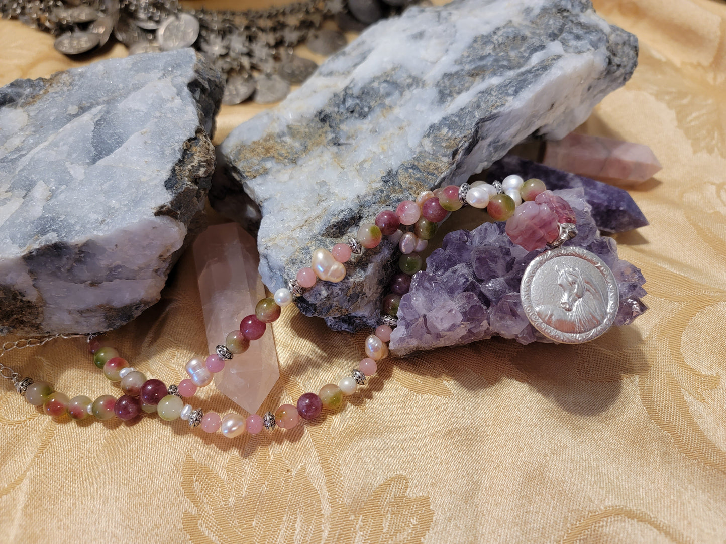 Arabian Horse Sterling Silver Necklace — Rose Quartz, Biwa Pearls & Pink Tourmaline