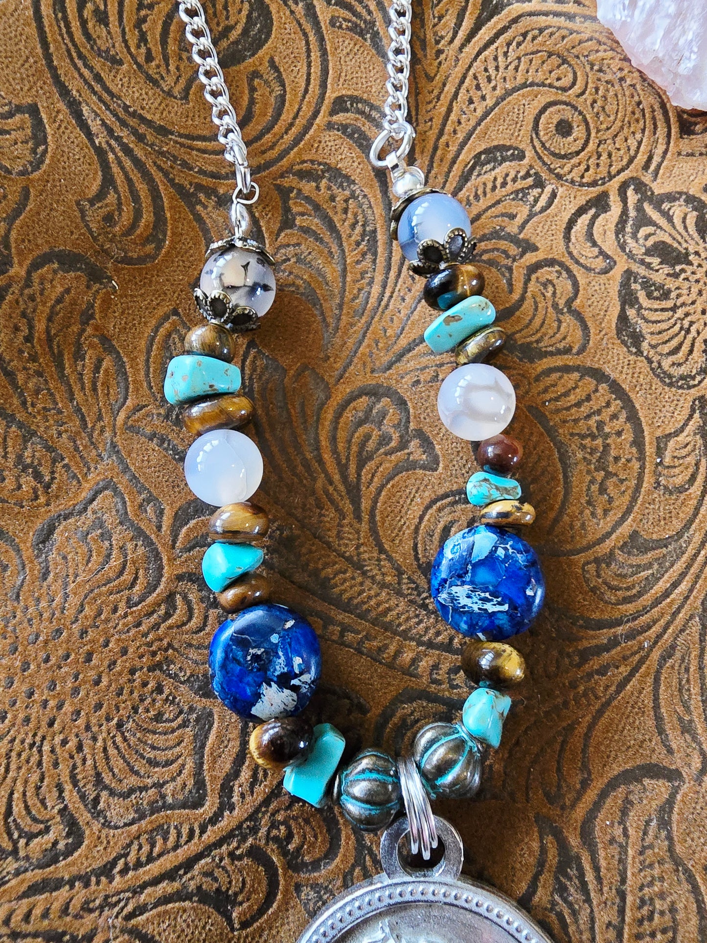 Pewter Arabian Horse Necklace — Jasper, Turquoise, Tiger's Eye & Dendritic Opal Gemstone Beads, 24"