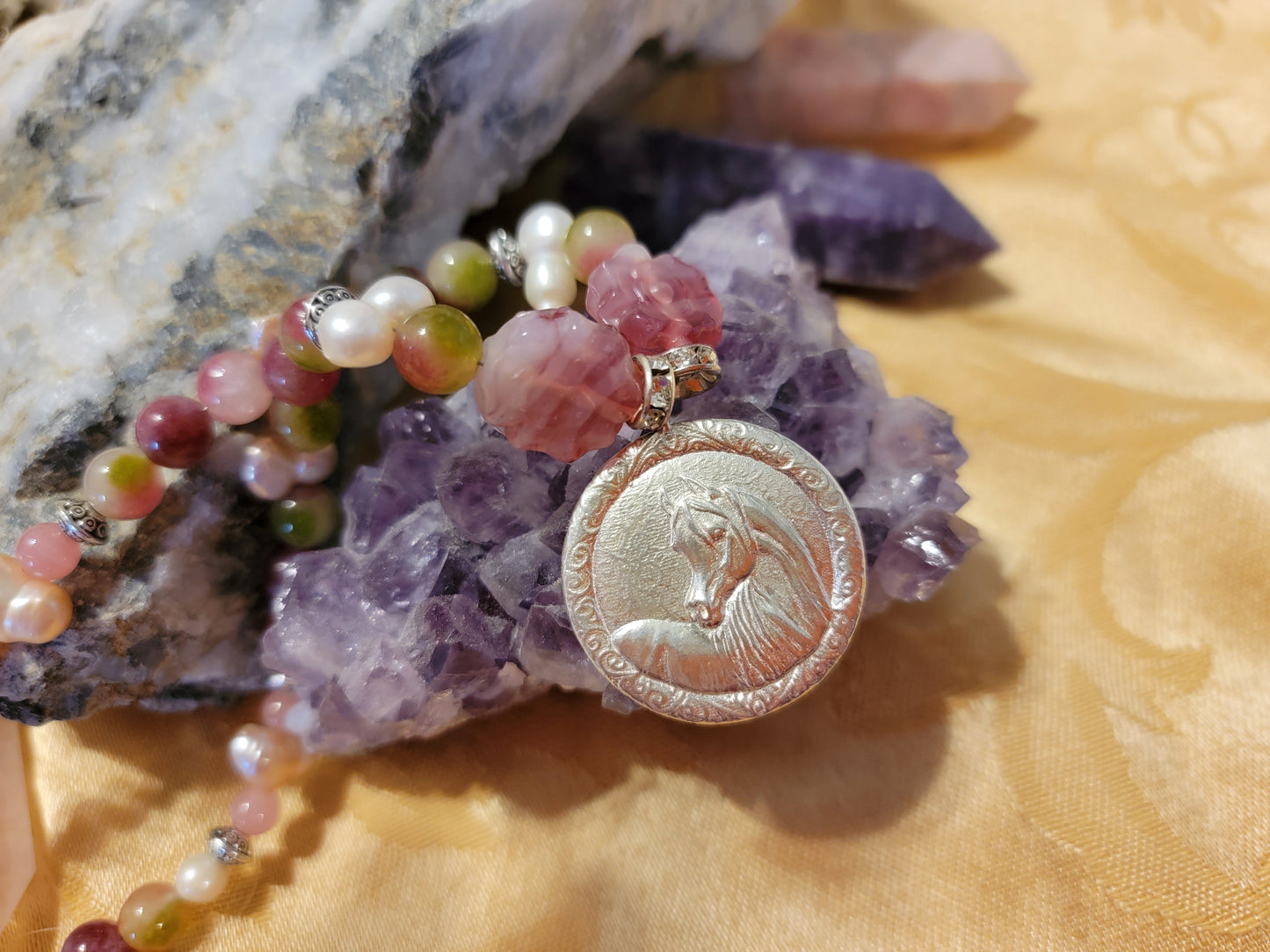 Arabian Horse Sterling Silver Necklace — Rose Quartz, Biwa Pearls & Pink Tourmaline
