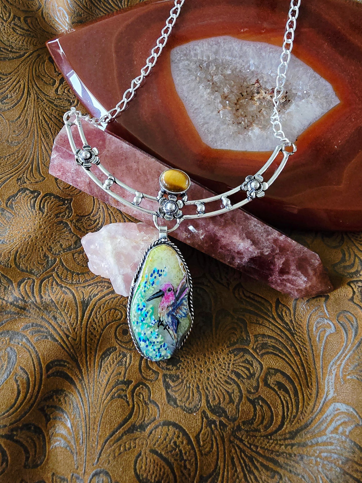 Hand Painted Hummingbird Solar Quartz & Tiger Eye Sterling Silver Necklace