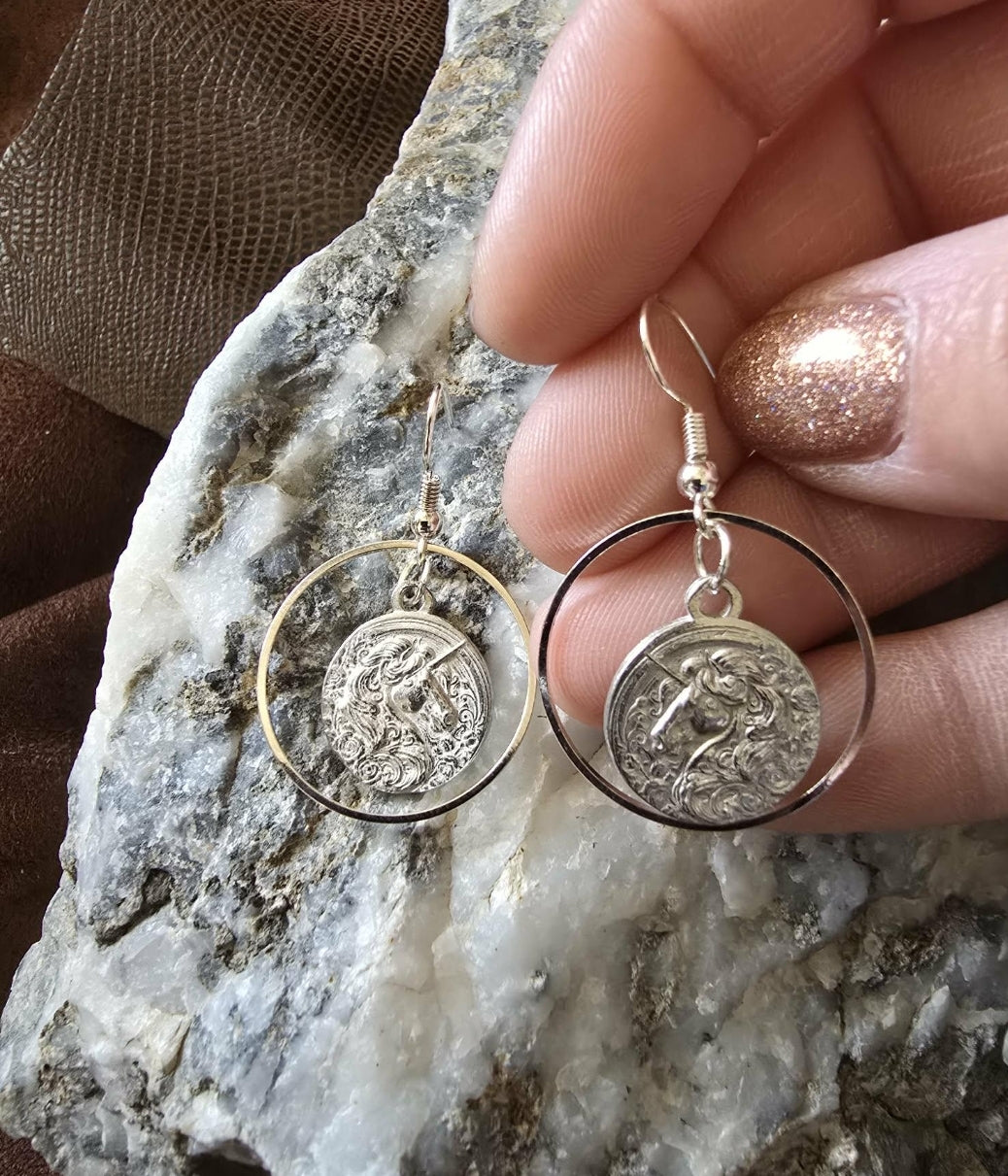 Pewter Unicorn Hoop Earrings Fantasy Horse Jewelry