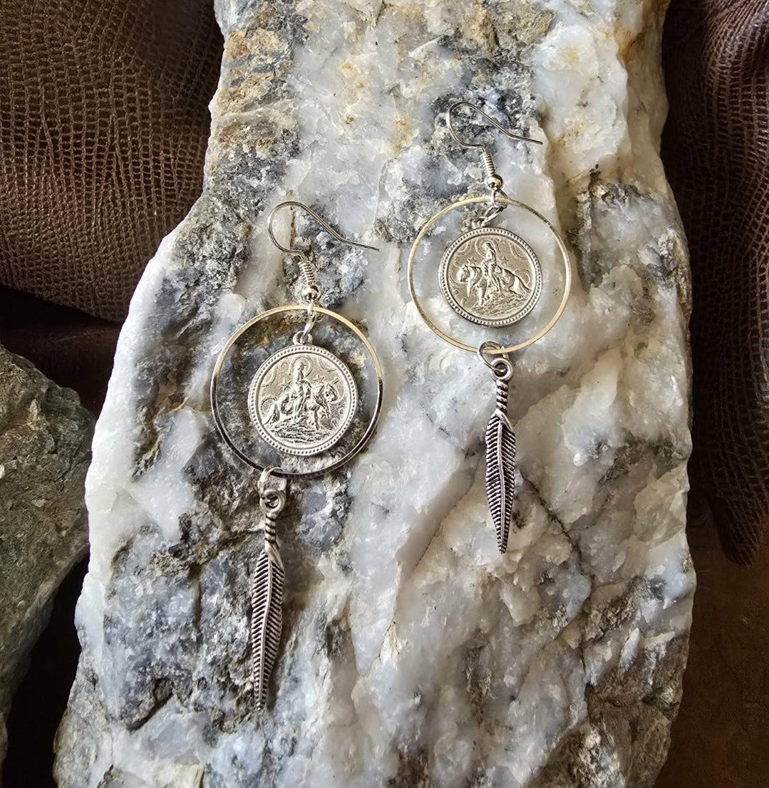 Reining Horse Hoop and Feather Earrings pewter and stainless steel