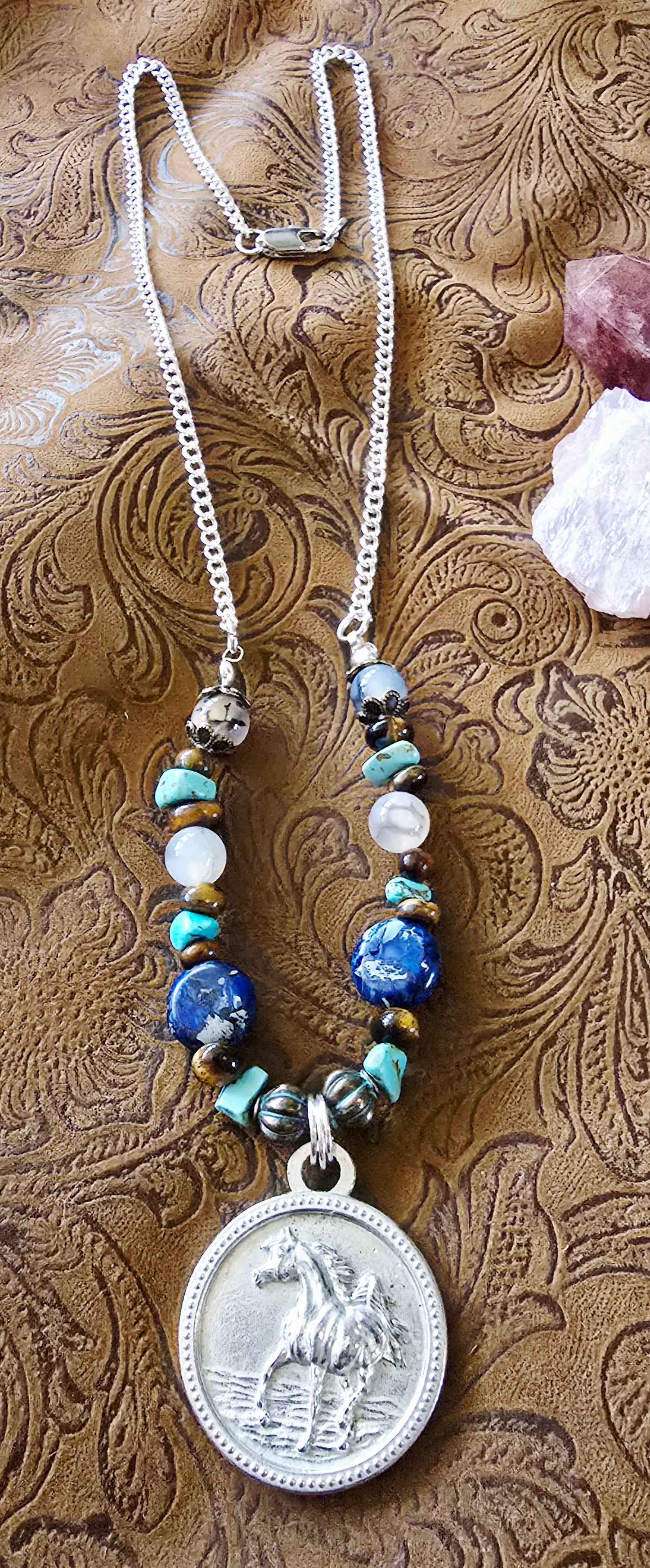 Pewter Arabian Horse Necklace — Jasper, Turquoise, Tiger's Eye & Dendritic Opal Gemstone Beads, 24"