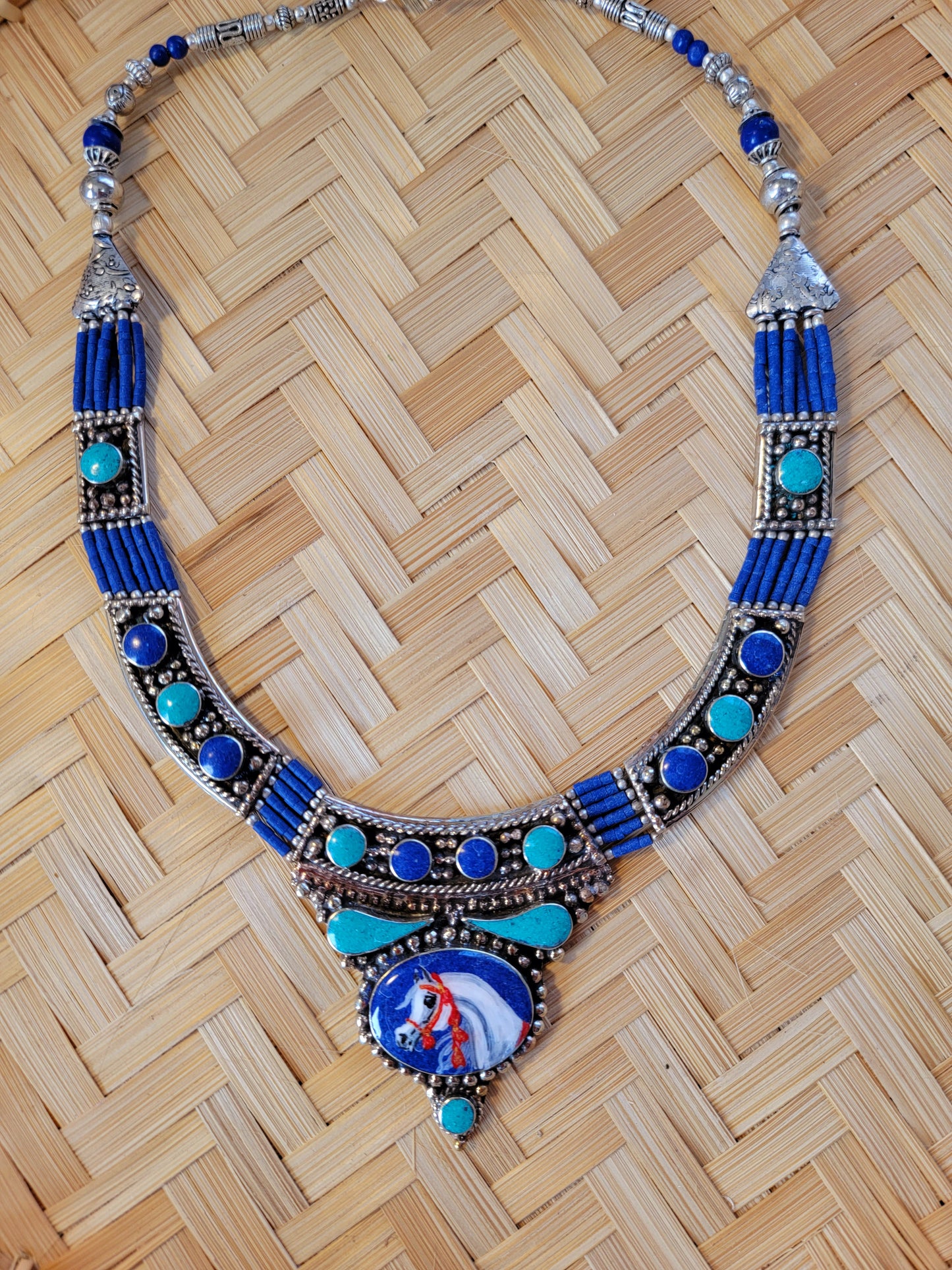 Sterling Silver Bedouin tribal Necklace Hand Painted Arabian Horse