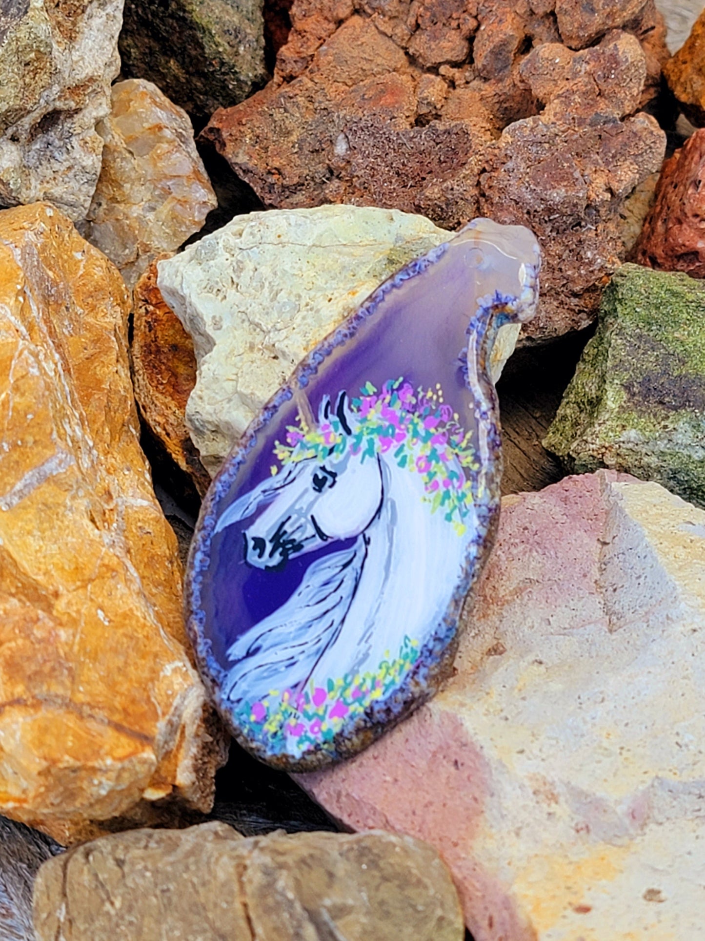 Hand-Painted Unicorn Purple Agate Slice Pendant — Bail Included