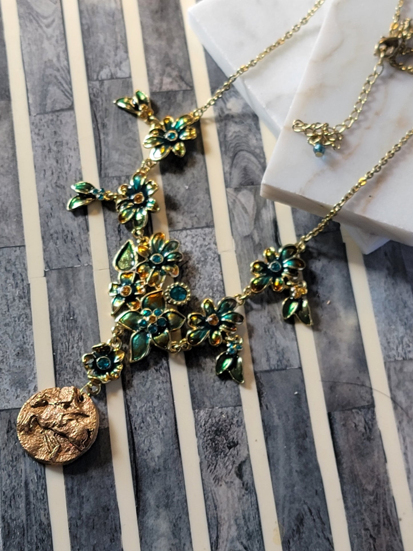 Hunter Jumper Bronze Clay & Teal Enamel Floral Necklace
