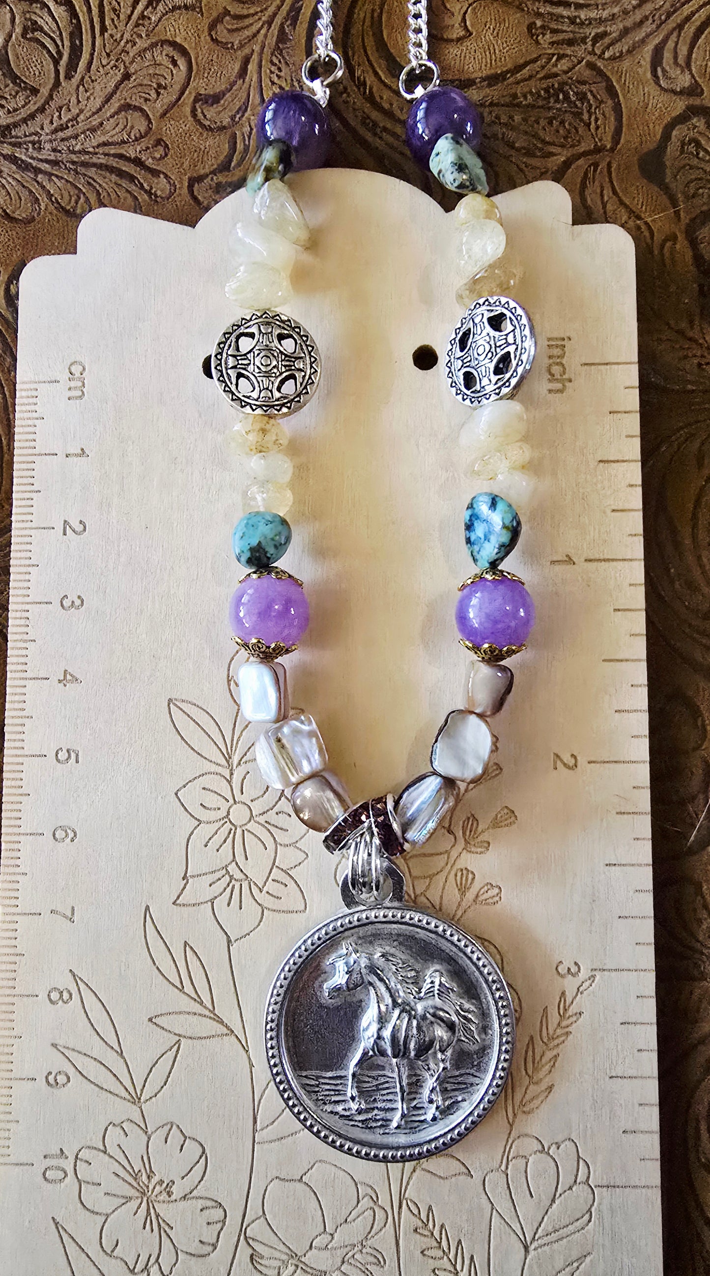 Pewter Arabian Horse Medallion Necklace — Amethyst, African Turquoise, Pearl & Citrine Gemstones, 24"