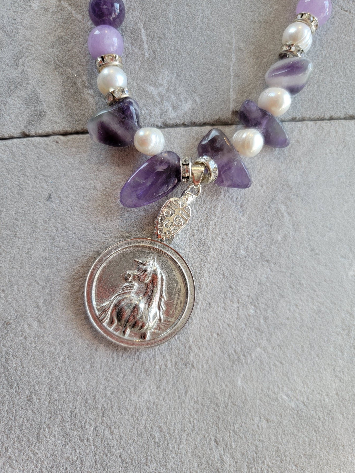 Arabian Horse Pewter Medallion Amethyst Pearl & Sea Glass Necklace and Earring Set