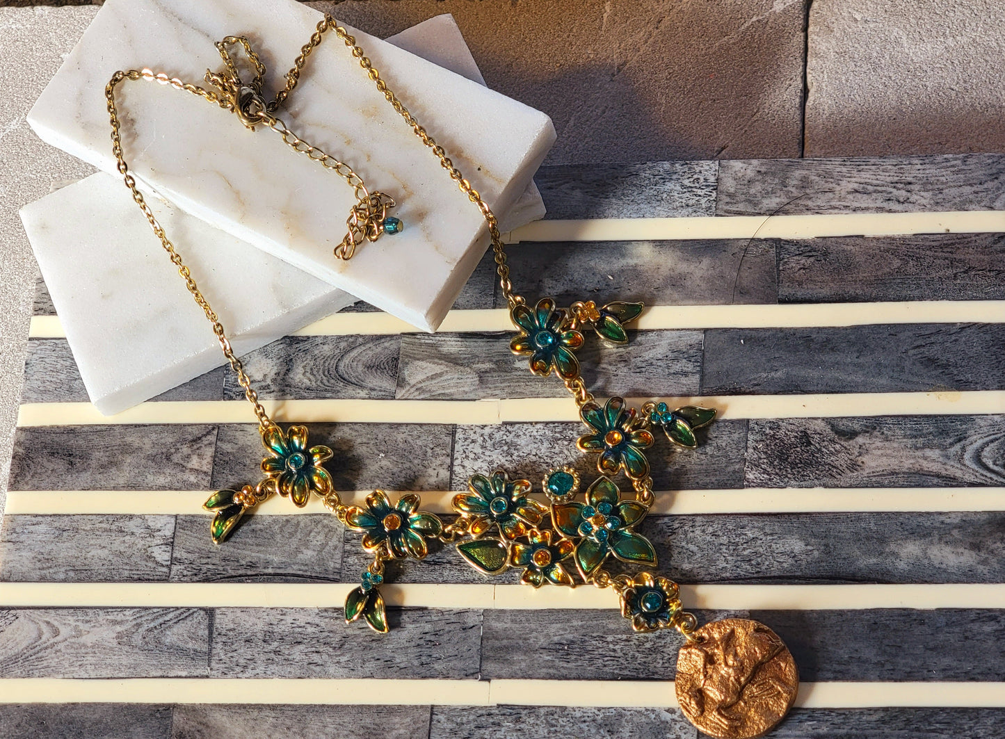 Hunter Jumper Bronze Clay & Teal Enamel Floral Necklace