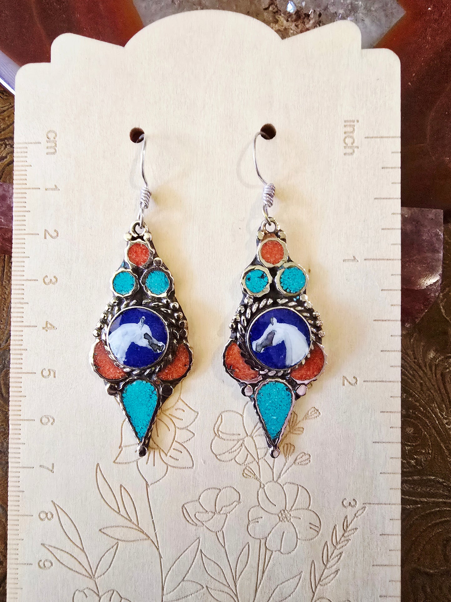 Hand-Painted Arabian Horse Sterling Silver Earrings — Lapis, Coral & Turquoise Inlay
