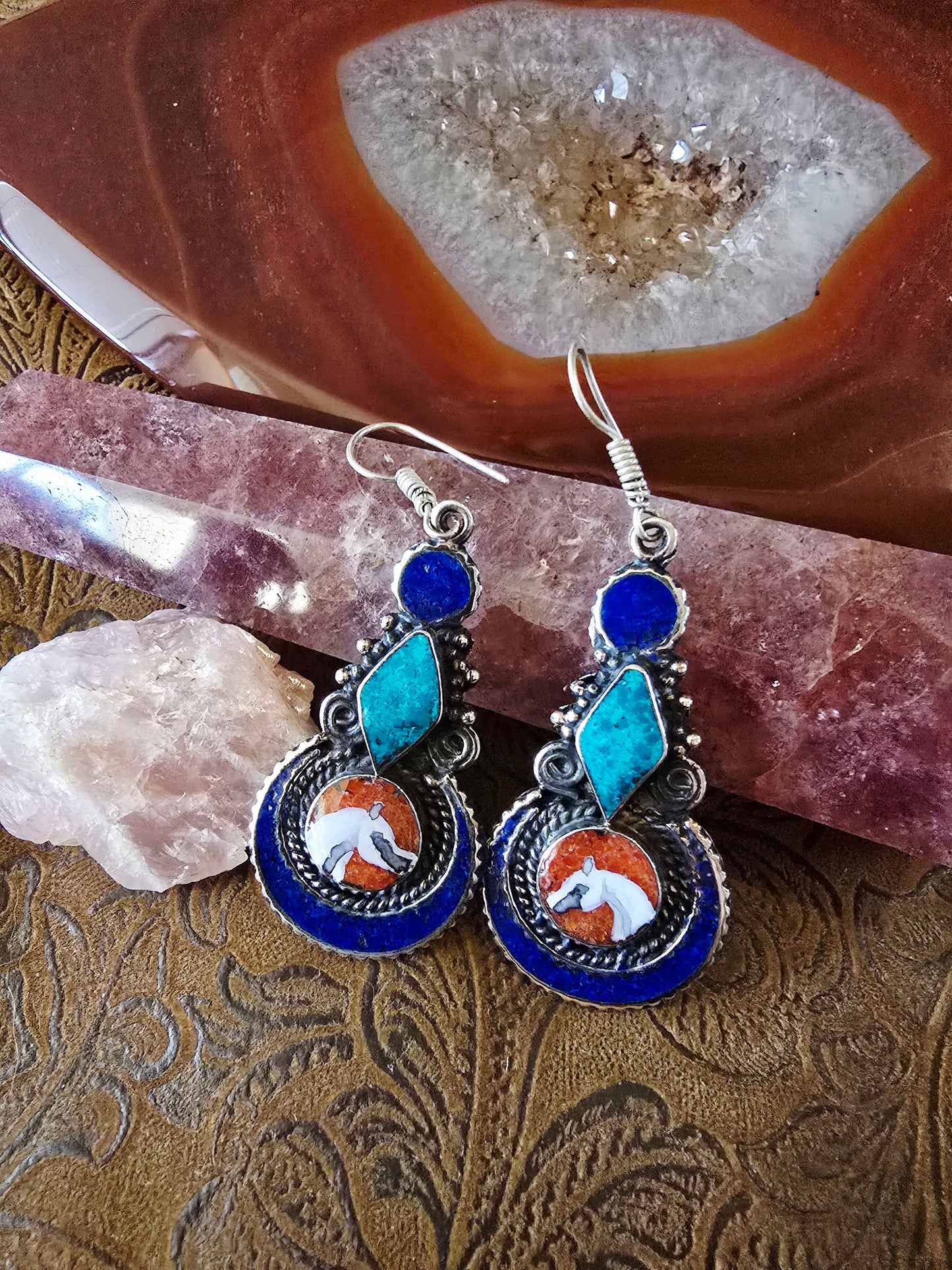 Hand-Painted Arabian Horse Earrings — Lapis, Turquoise & Coral Inlay — Tibetan Style