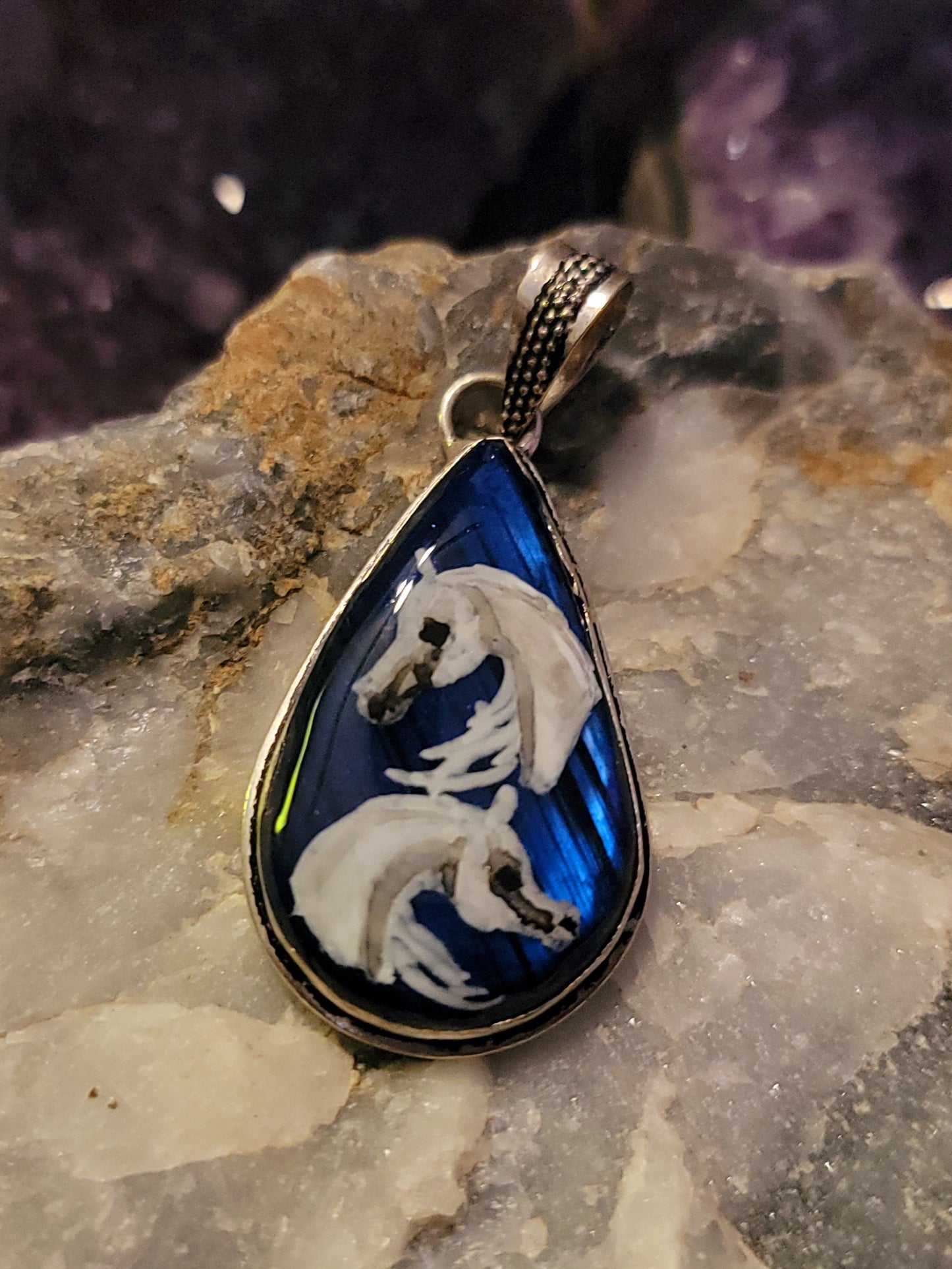 One-of-a-Kind Blue Flash Labradorite Sterling Silver Horse Pendant