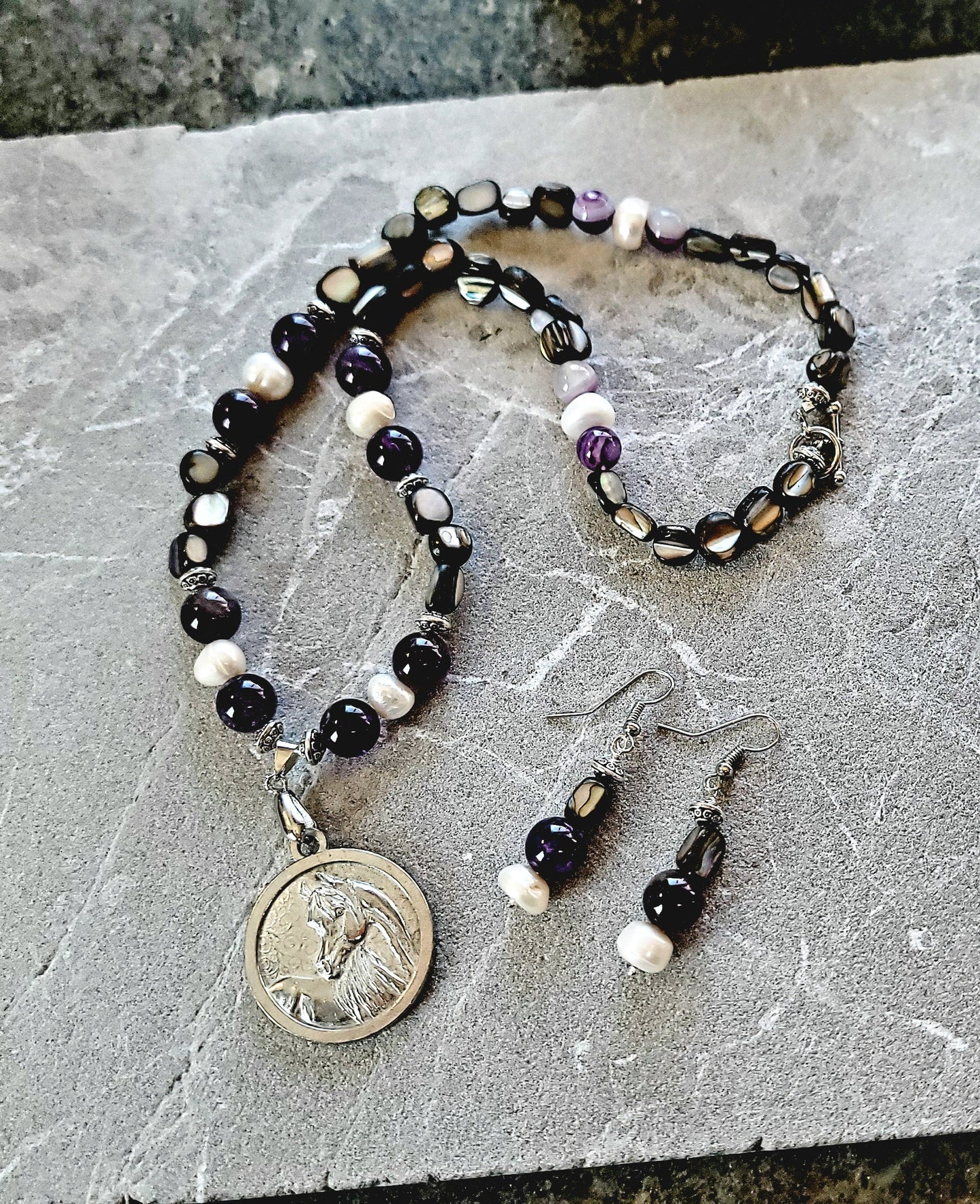 Pewter Horse Medallion Amethyst Pearl & Shell Necklace and Earring Set