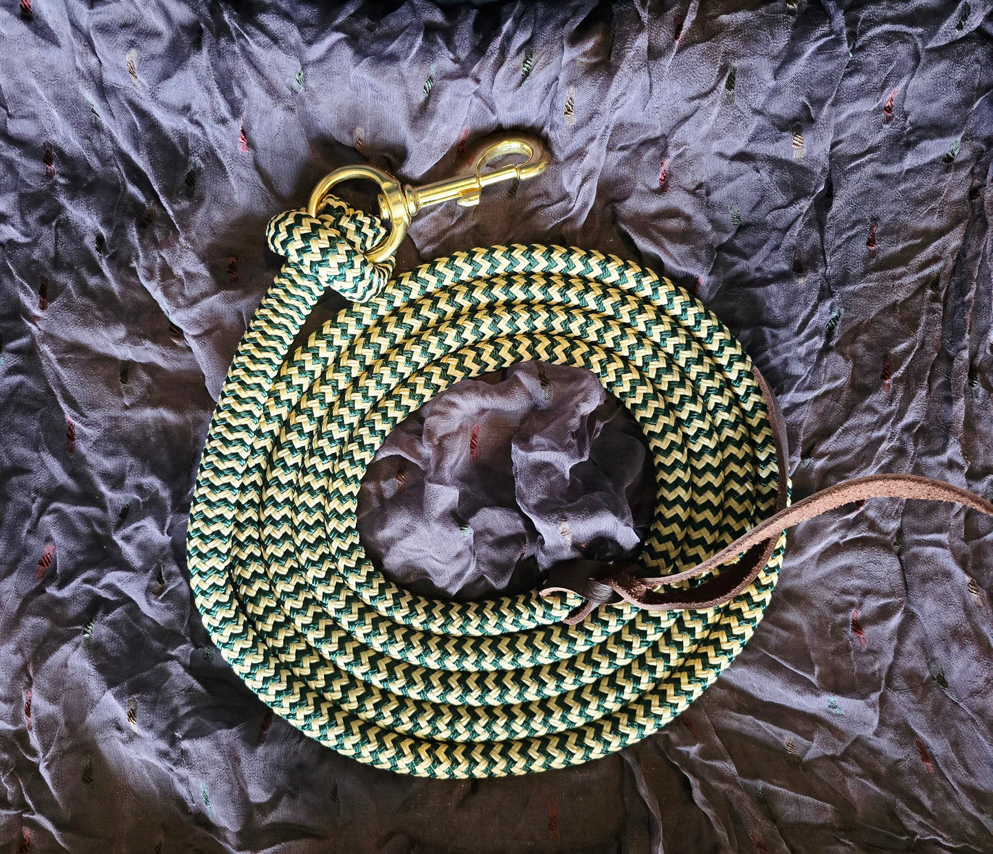 Handcrafted 10' Lead Rope with Leather Popper — Hunter Green & Tan