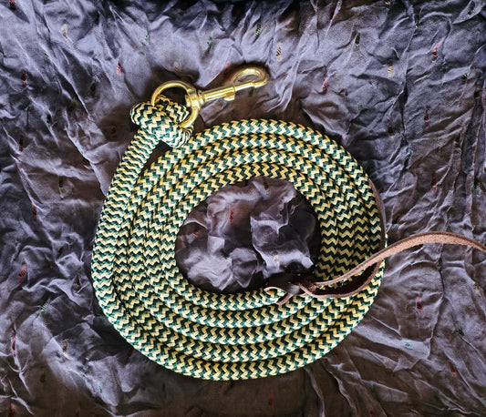 Handcrafted 10' Lead Rope with Leather Popper — Hunter Green & Tan