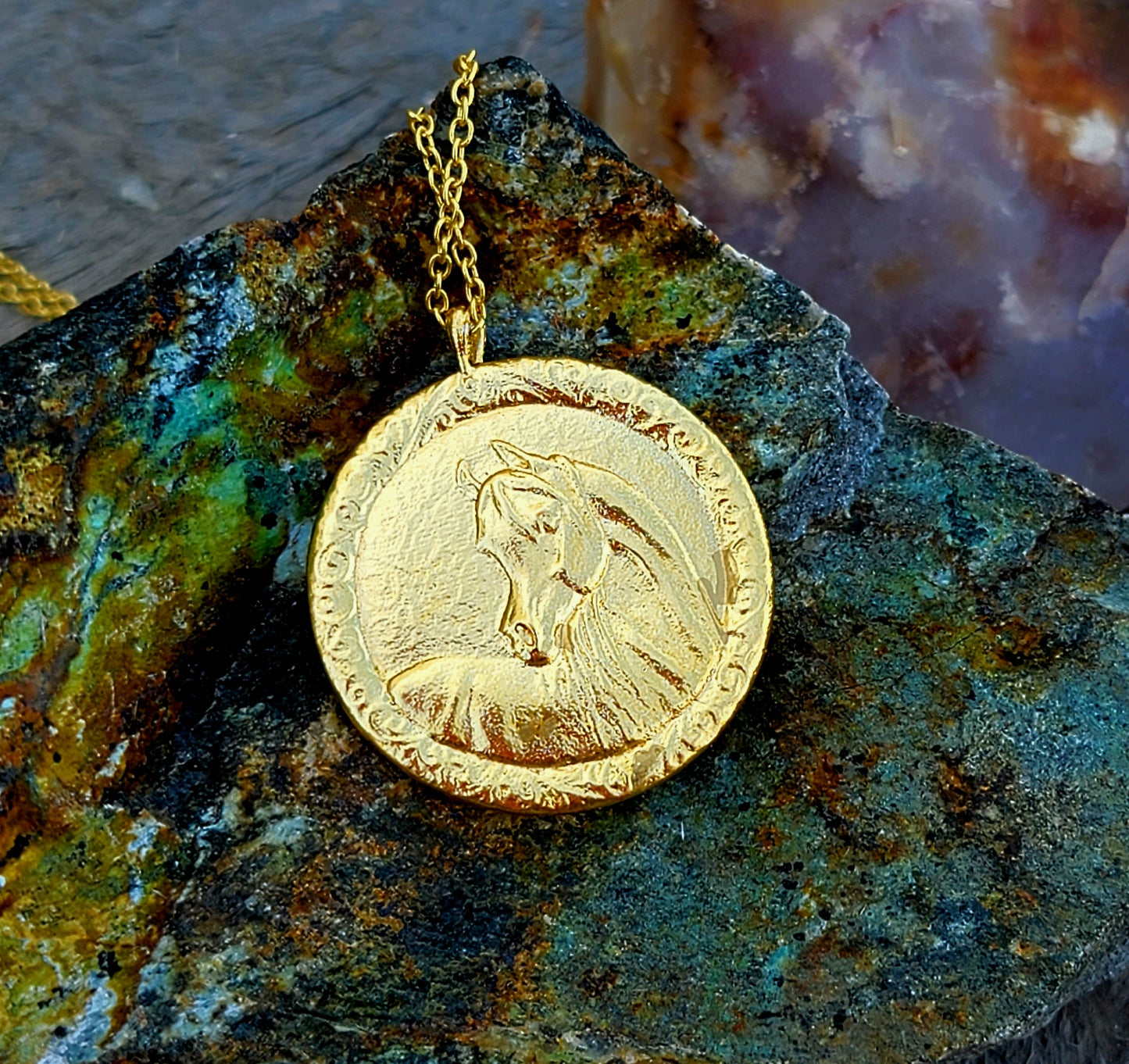 18K Gold Plated Arabian Horse Coin Medallion Necklace