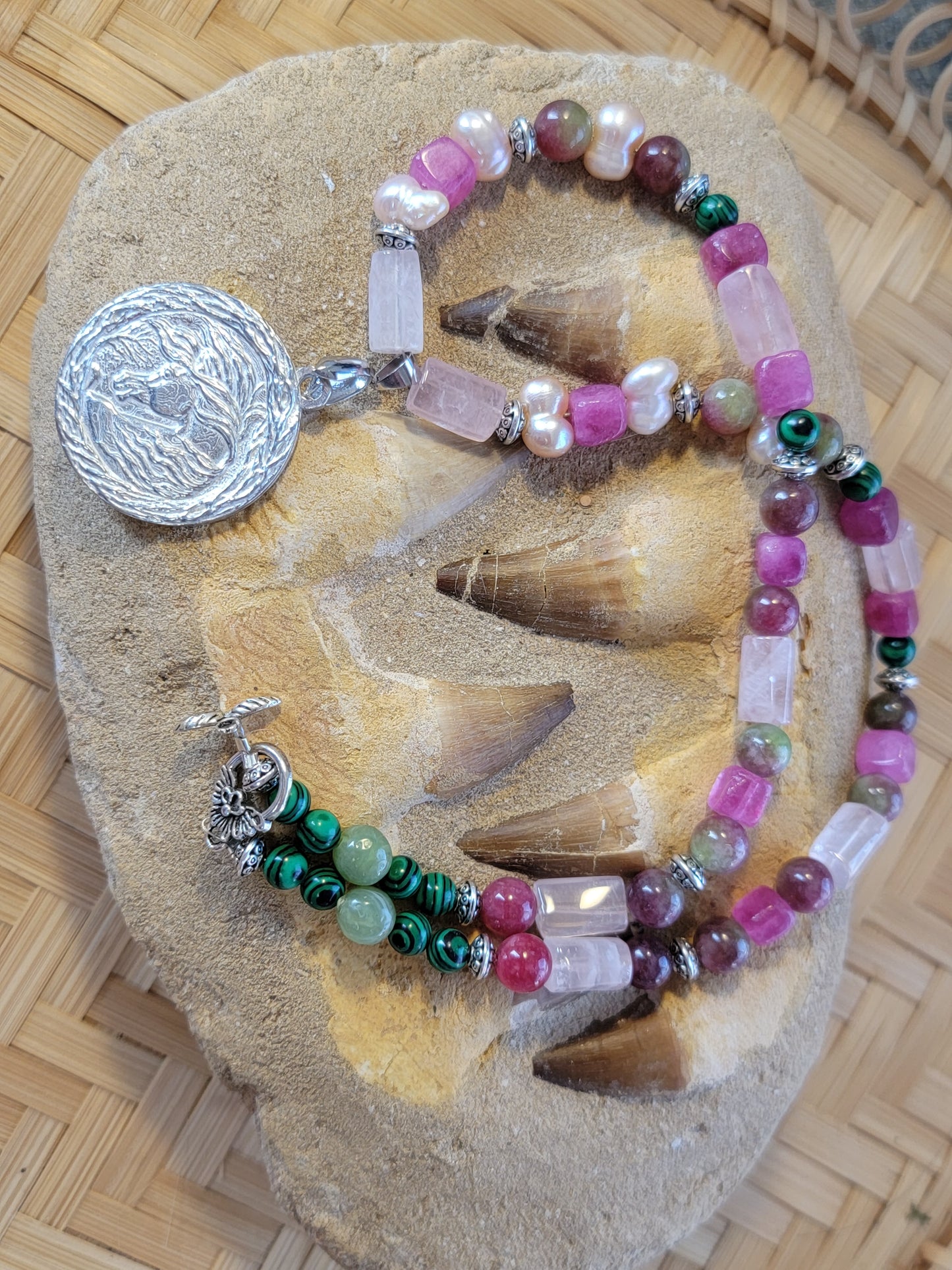 Pewter Arabian Horse Rose Quartz Gemstone Necklace Set earrings