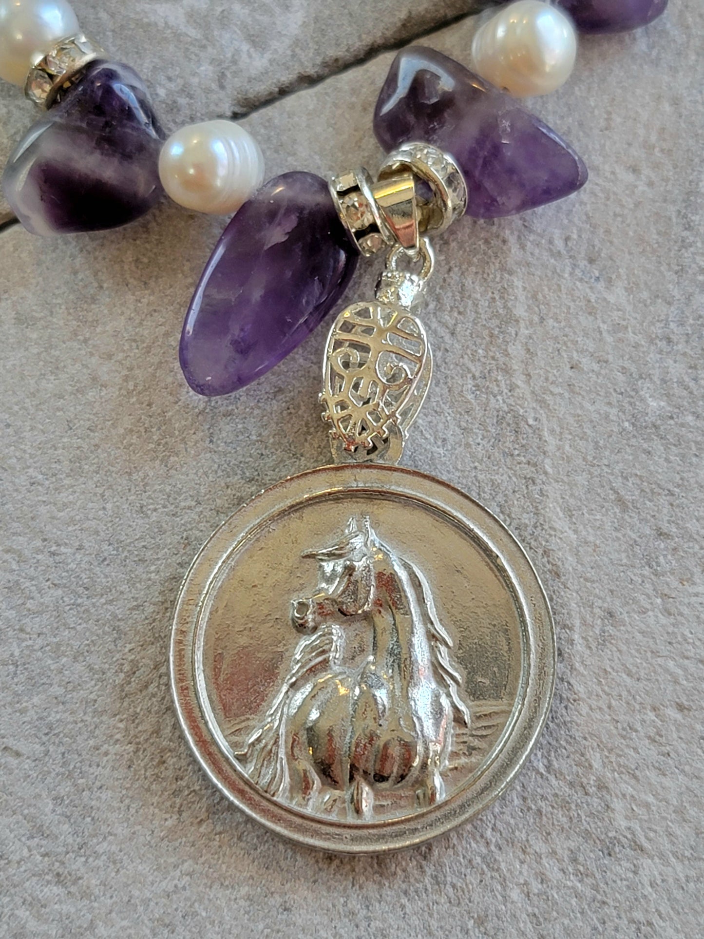 Arabian Horse Pewter Medallion Amethyst Pearl & Sea Glass Necklace and Earring Set
