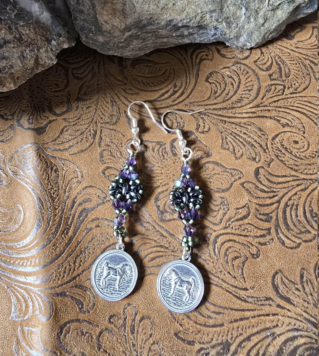 Luxury Beaded Arabian Horse Earrings Purple Swarovski Crystals Pewter Charms