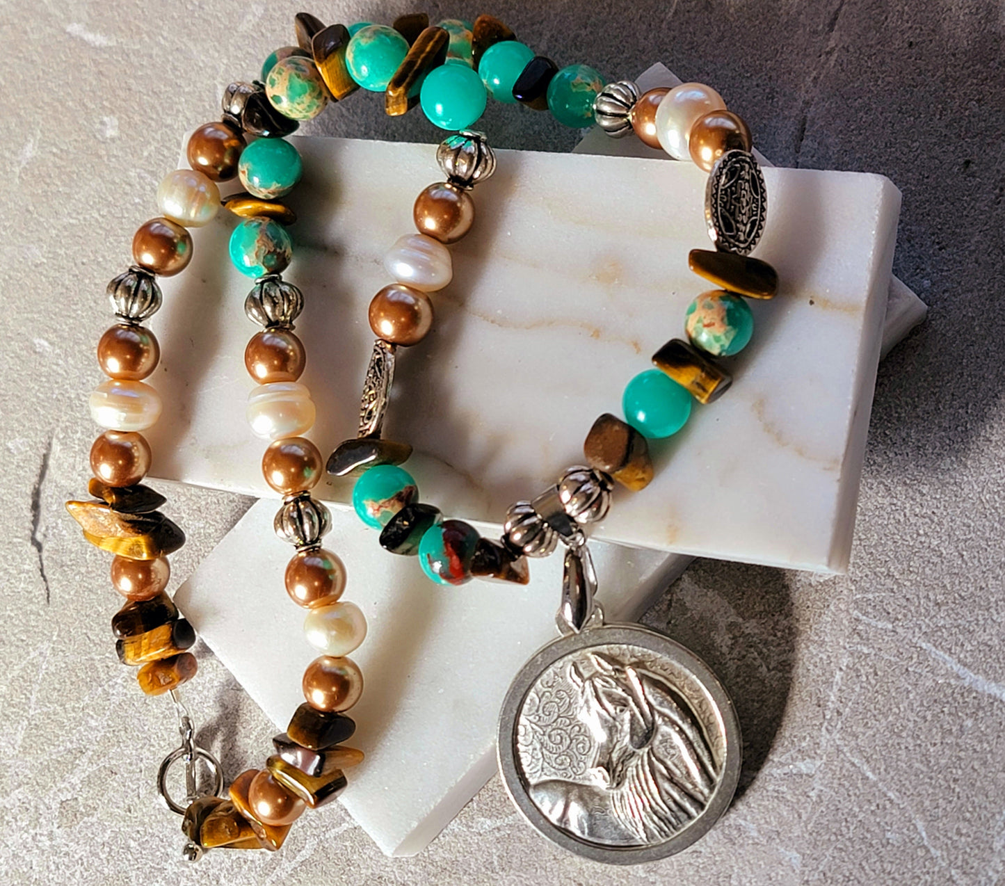 Arabian Horse Pewter Gemstone Necklace & Earring Set 'Desert Sands'