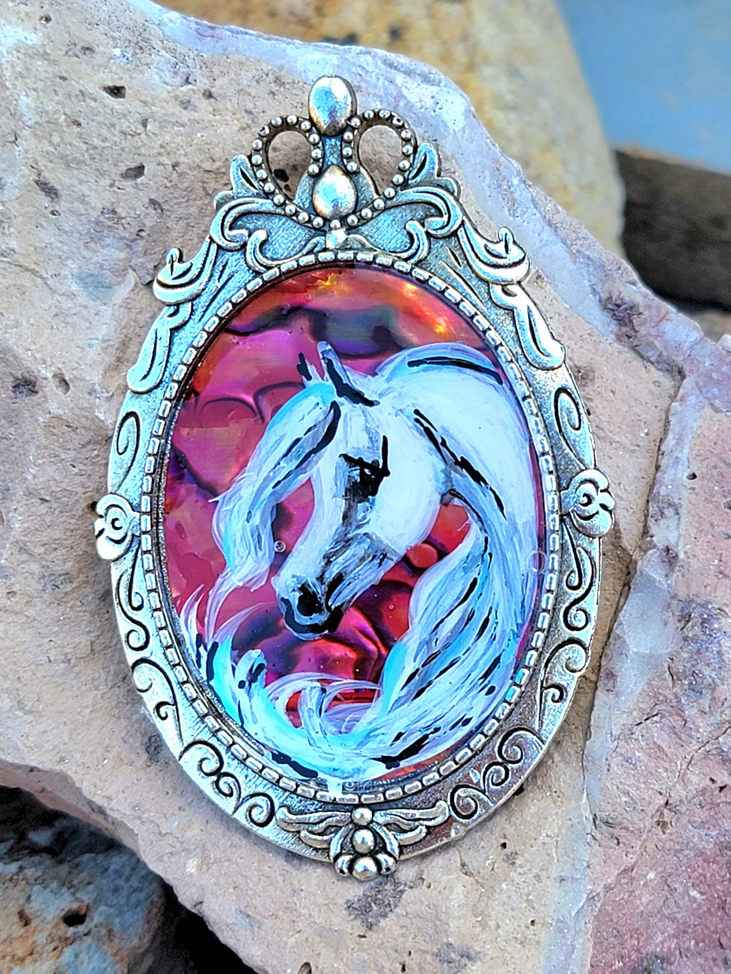 Arabian Horse Hand painted Brooch pendant 2 in 1 combo red abalone