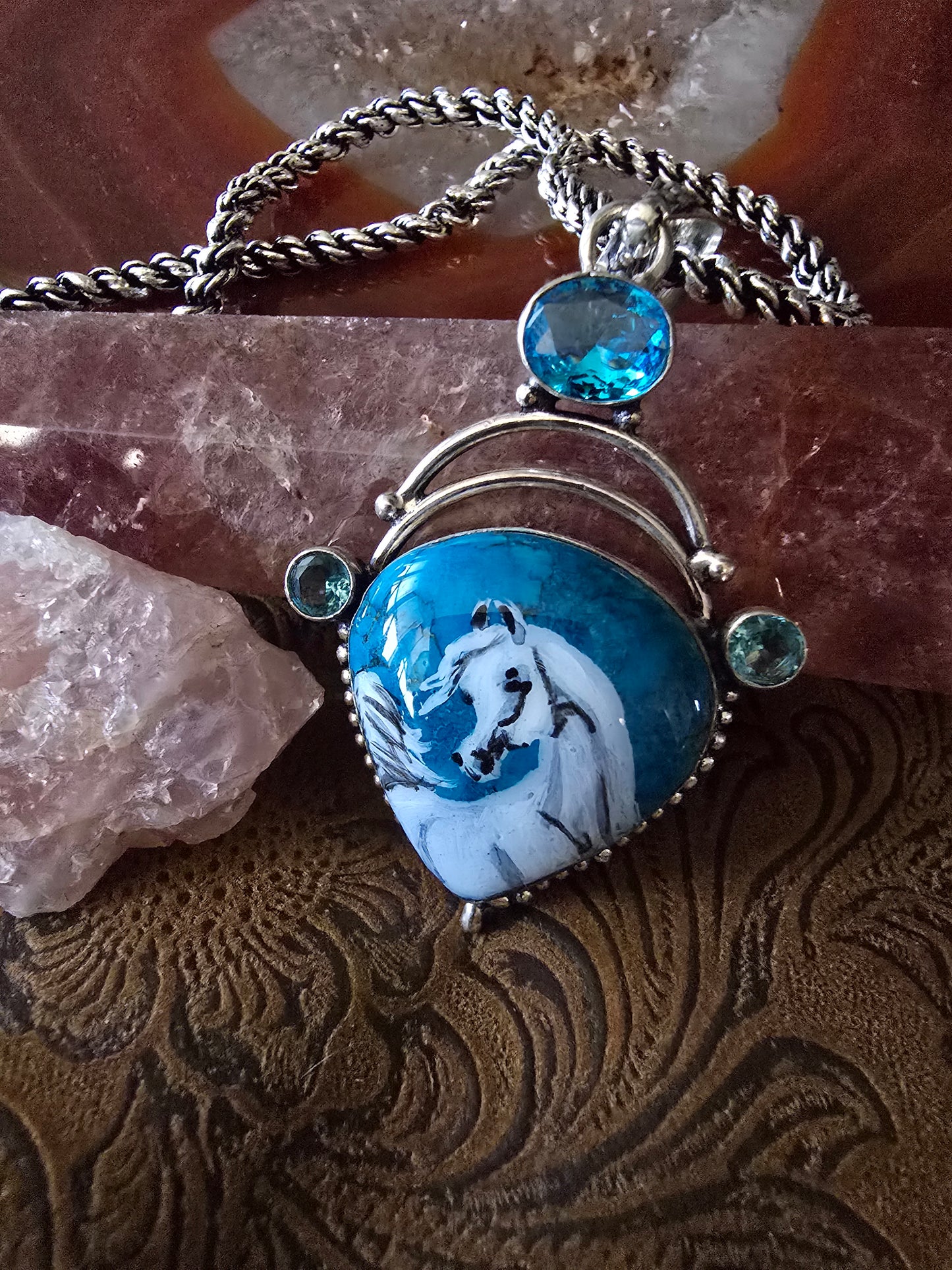 Turquoise and Topaz Sterling Silver Hand Painted Arabian Horse necklace