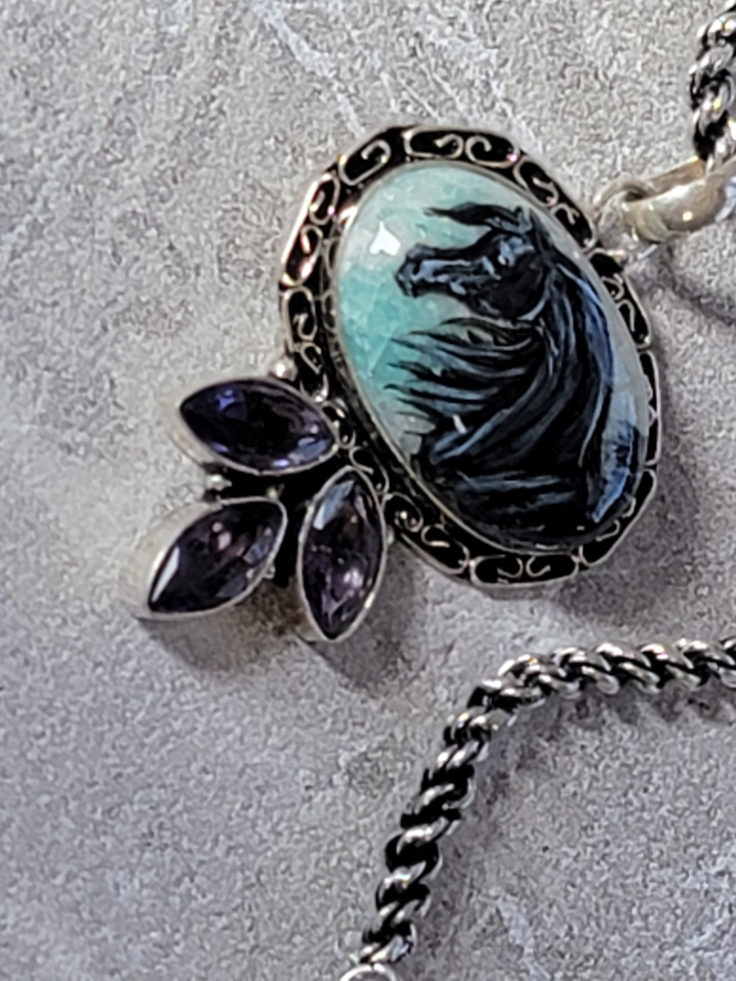 Black Arabian Horse Hand Painted Gemstone Sterling Silver Necklace
