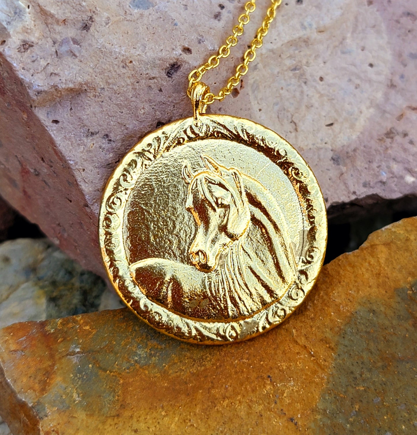 18K Gold Plated Arabian Horse Coin Medallion Necklace