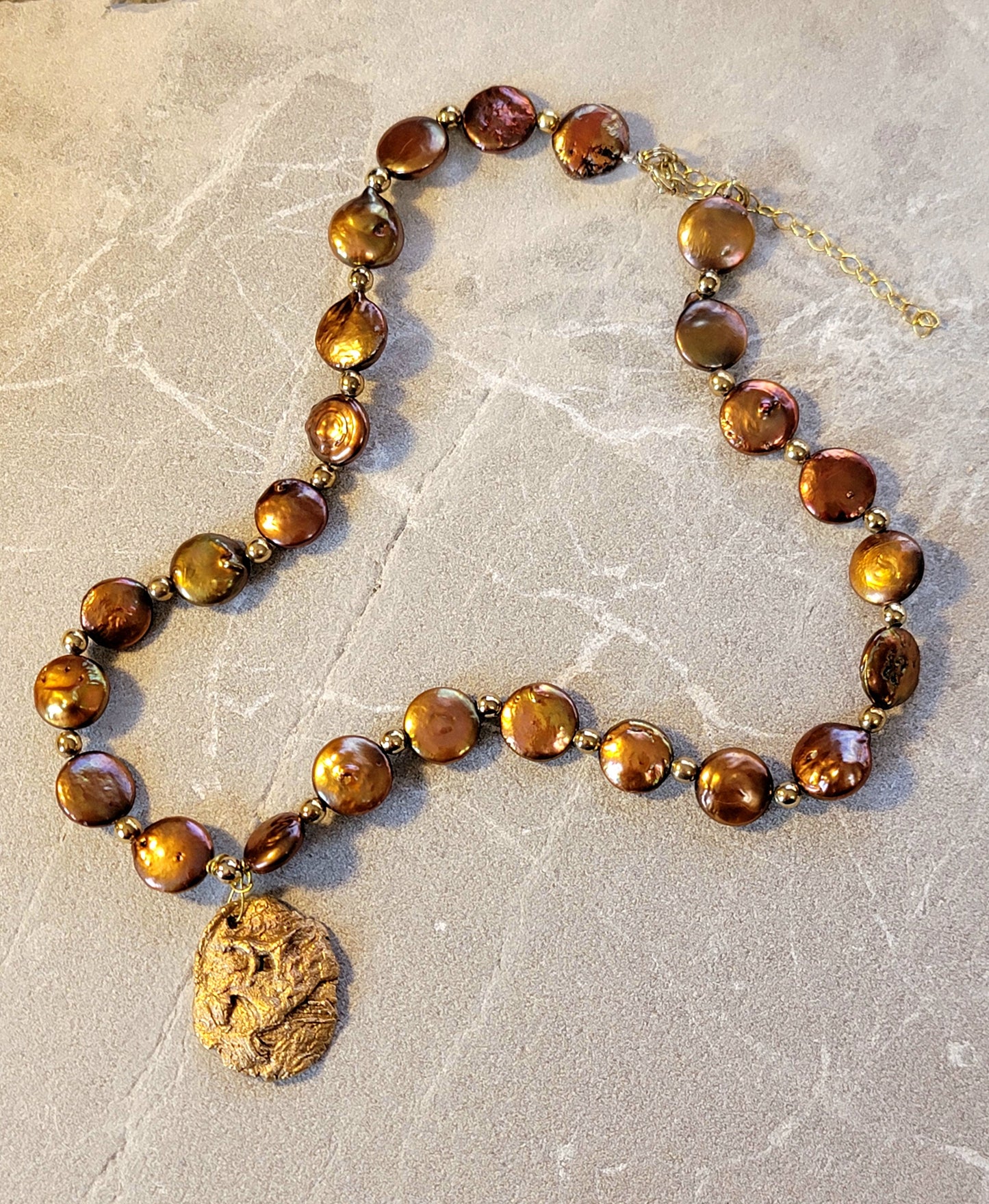 Hand Sculpted Bronze Hunter Jumper Pendant Copper Pearl Necklace