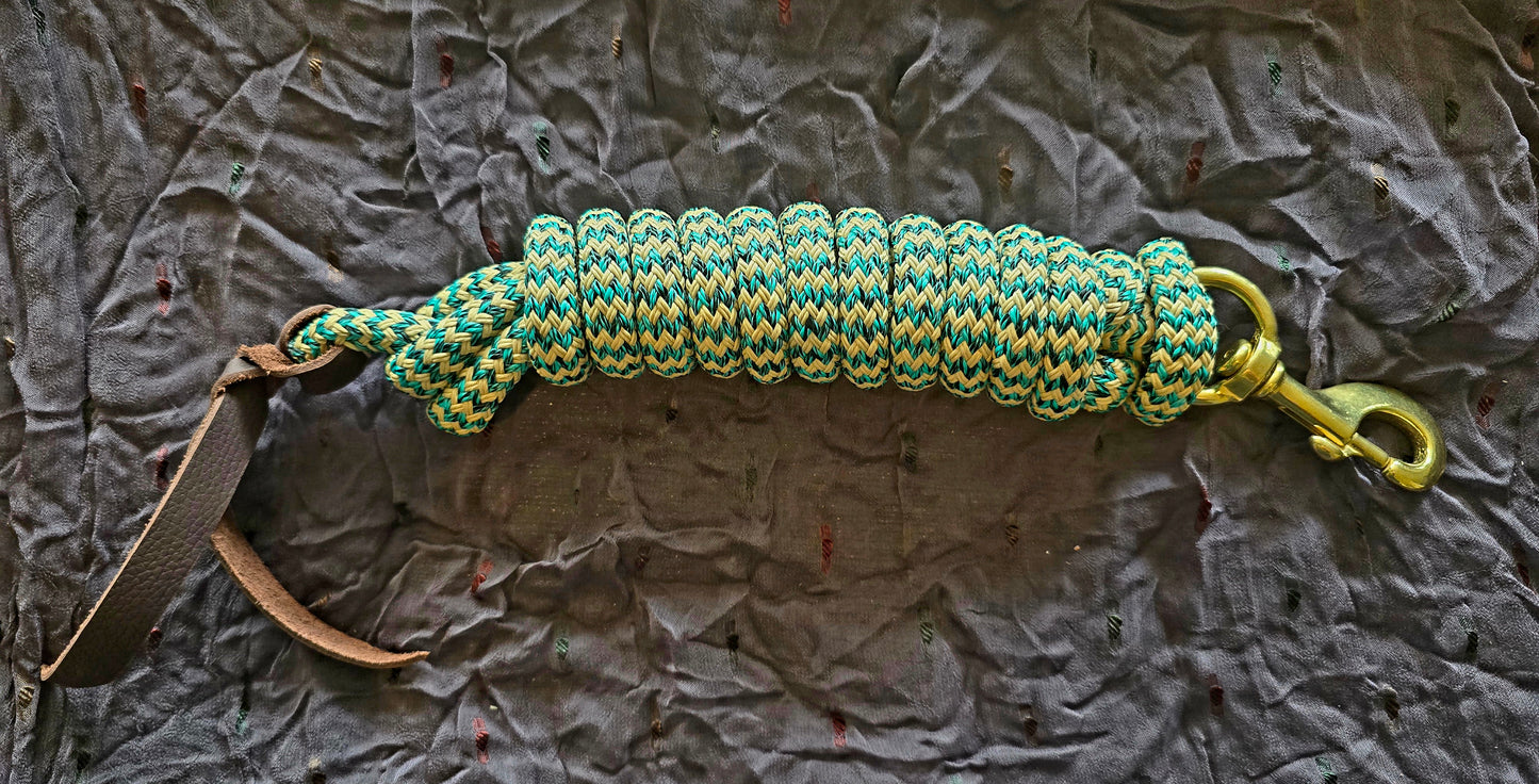 Handcrafted 10' Lead Rope with Leather Popper — Tan, Turquoise & Black
