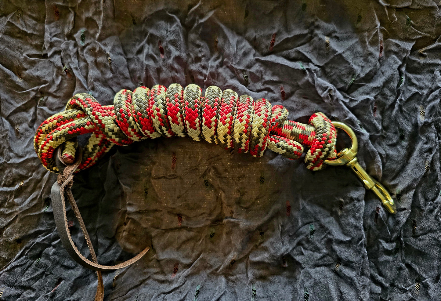 Handcrafted 10' Lead Rope with Leather Popper — Brown, Red & Tan