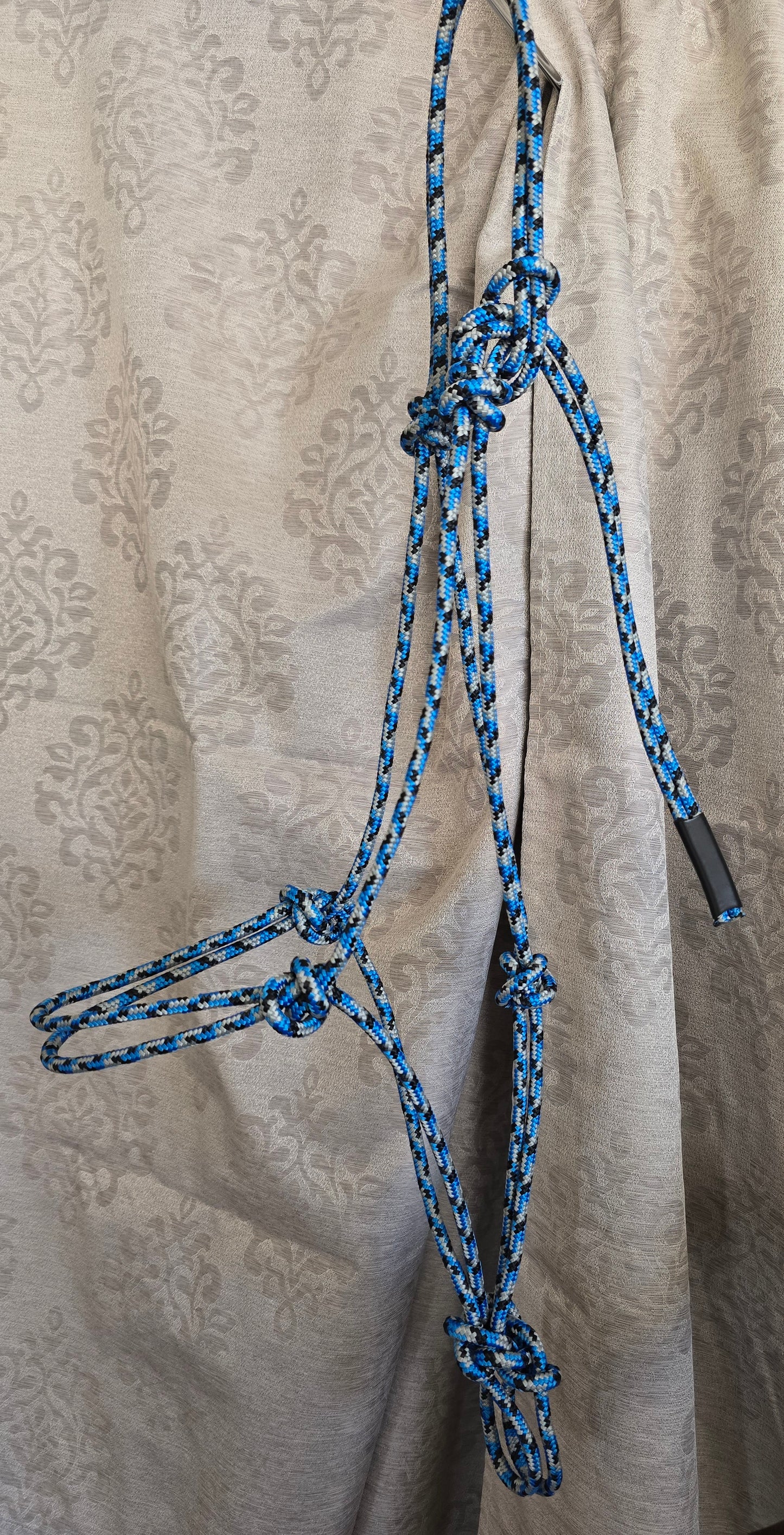 Handmade Arabian Rope Halter & Lead Rope Set — Blue/Black/Grey & Solid Blue, 10' Brass Snap