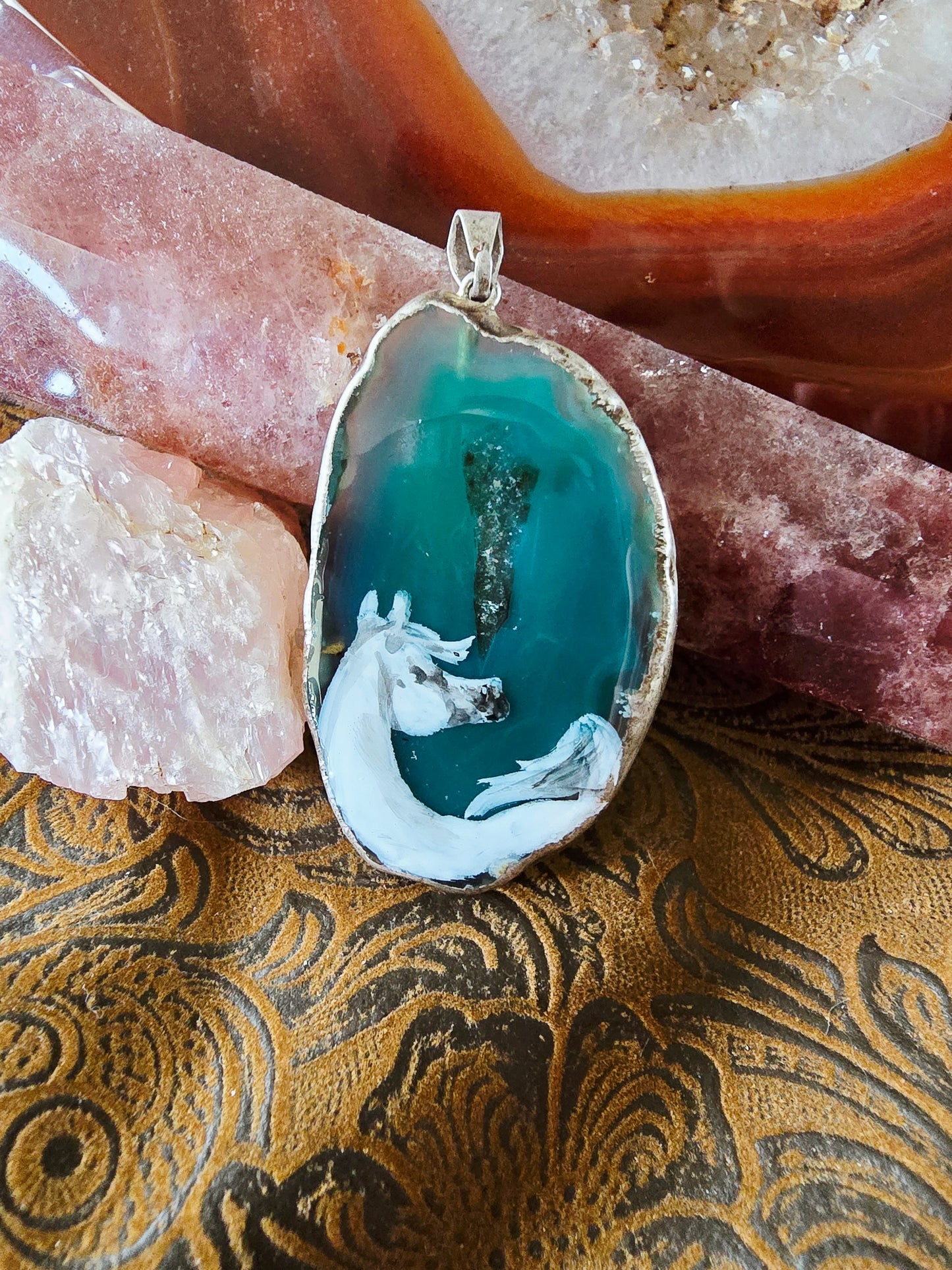 Hand-Painted Arabian Horse Pendant — Teal Dyed Brazilian Agate Slice
