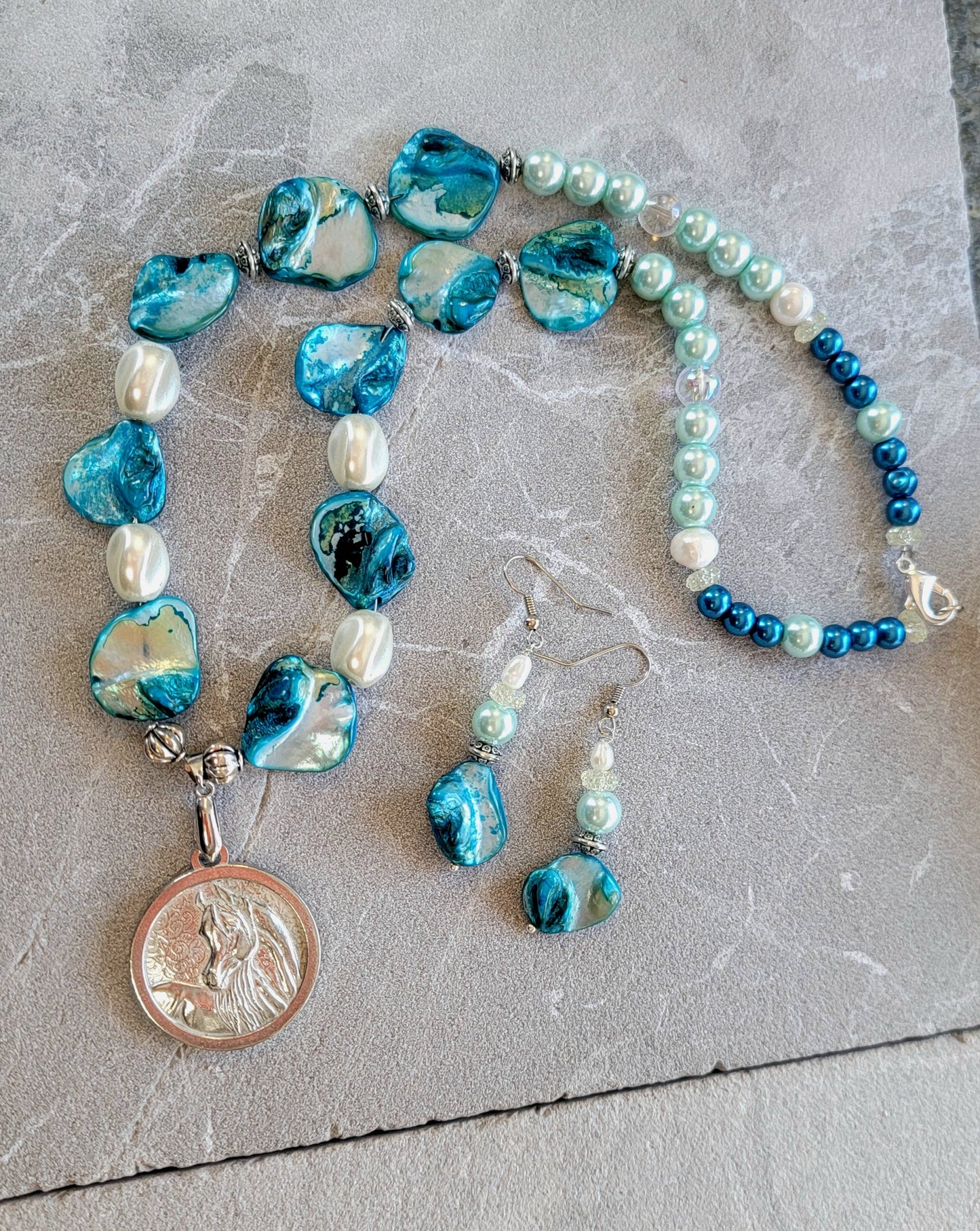 Pewter Horse Medallion Teal Shell & Pearl Necklace and Earring Set