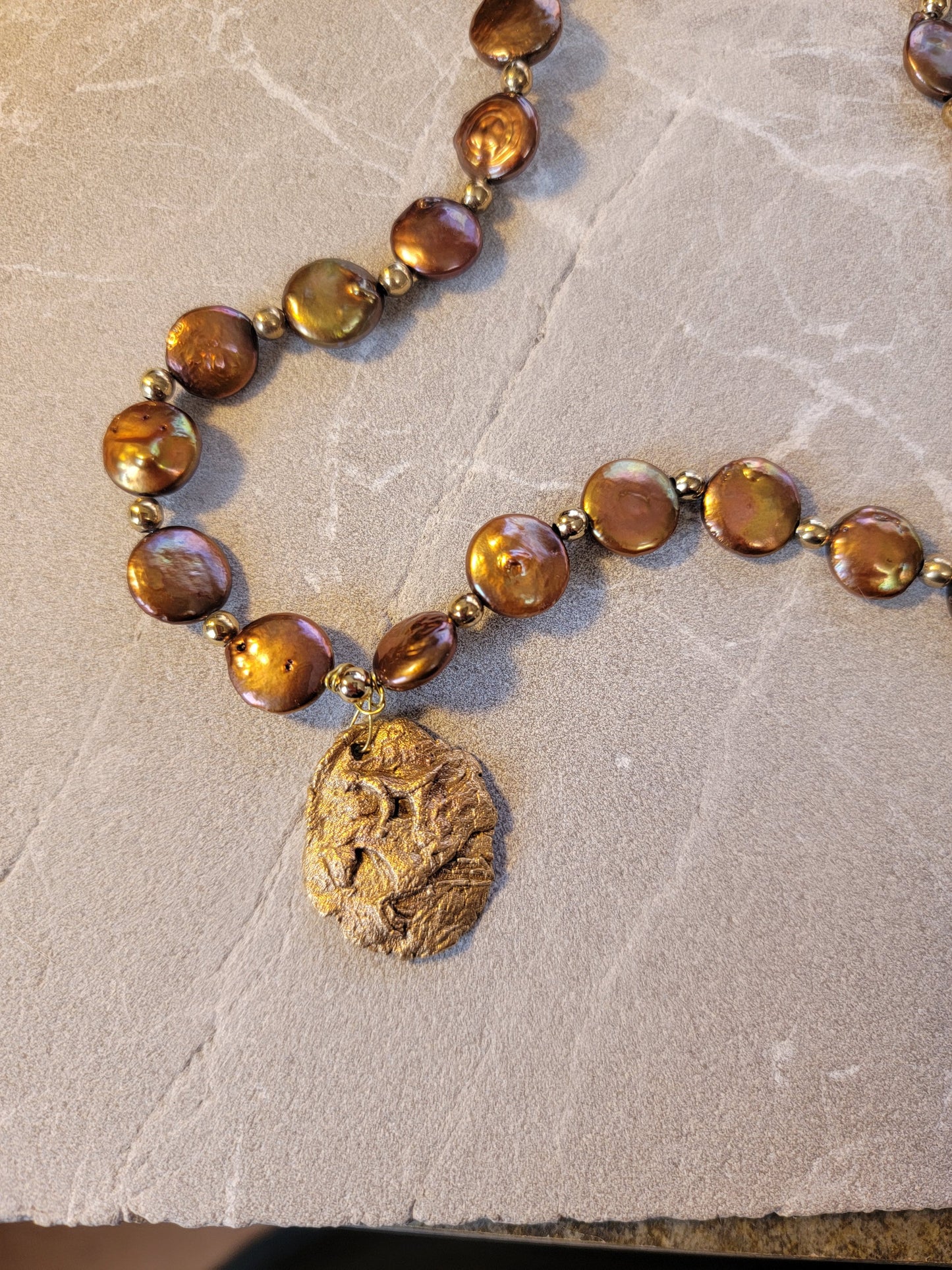 Hand Sculpted Bronze Hunter Jumper Pendant Copper Pearl Necklace