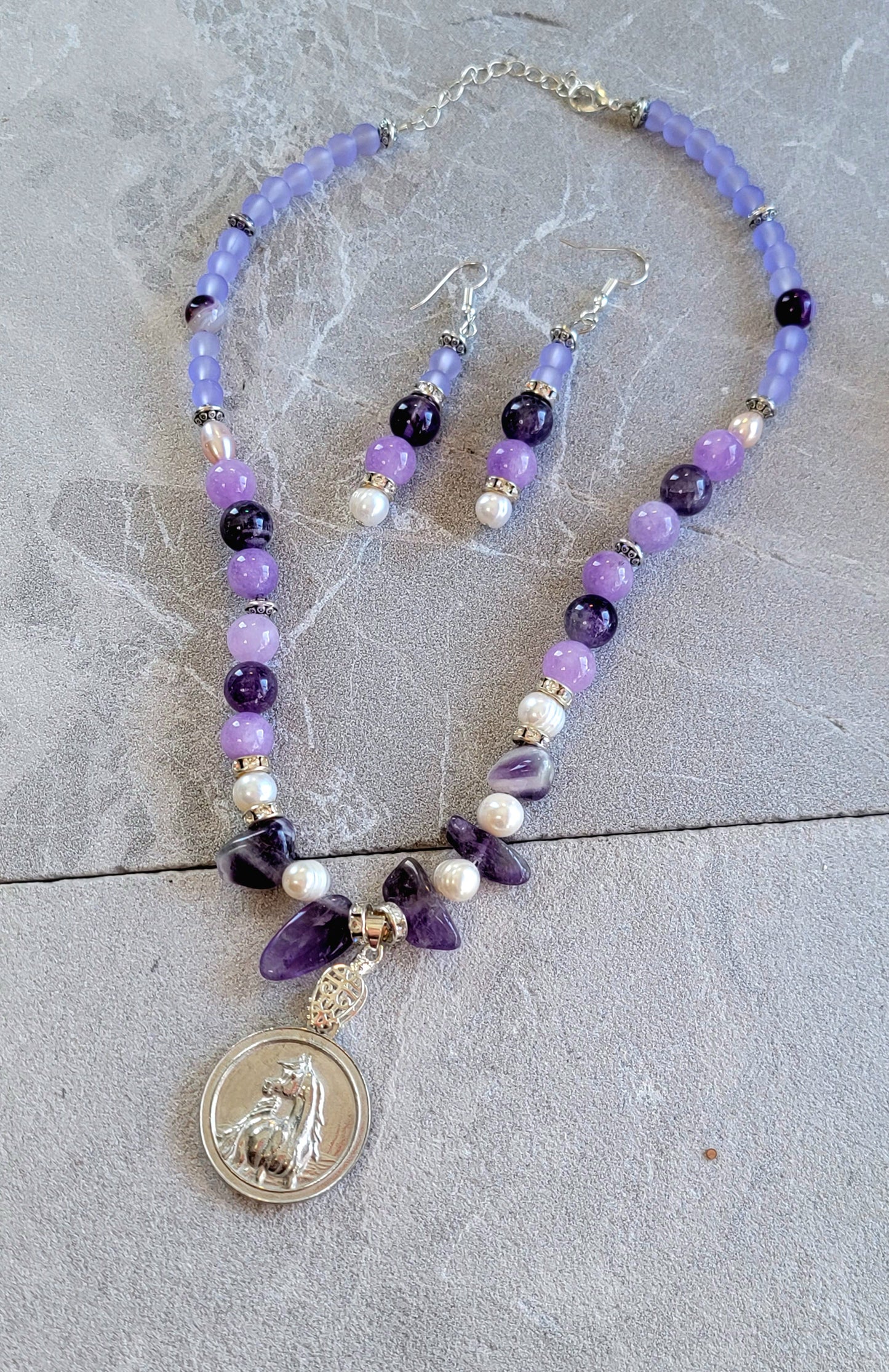 Arabian Horse Pewter Medallion Amethyst Pearl & Sea Glass Necklace and Earring Set