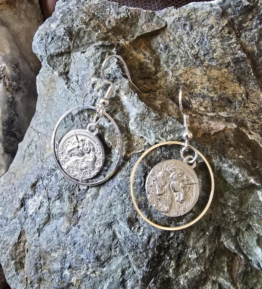 Pewter Unicorn Hoop Earrings Fantasy Horse Jewelry