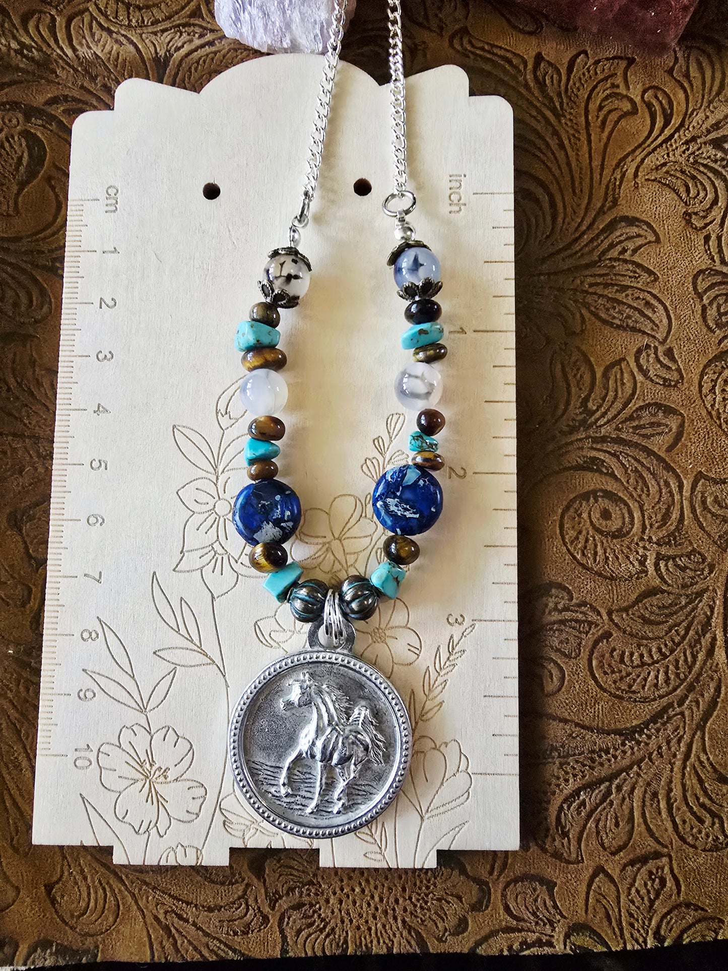 Pewter Arabian Horse Necklace — Jasper, Turquoise, Tiger's Eye & Dendritic Opal Gemstone Beads, 24"