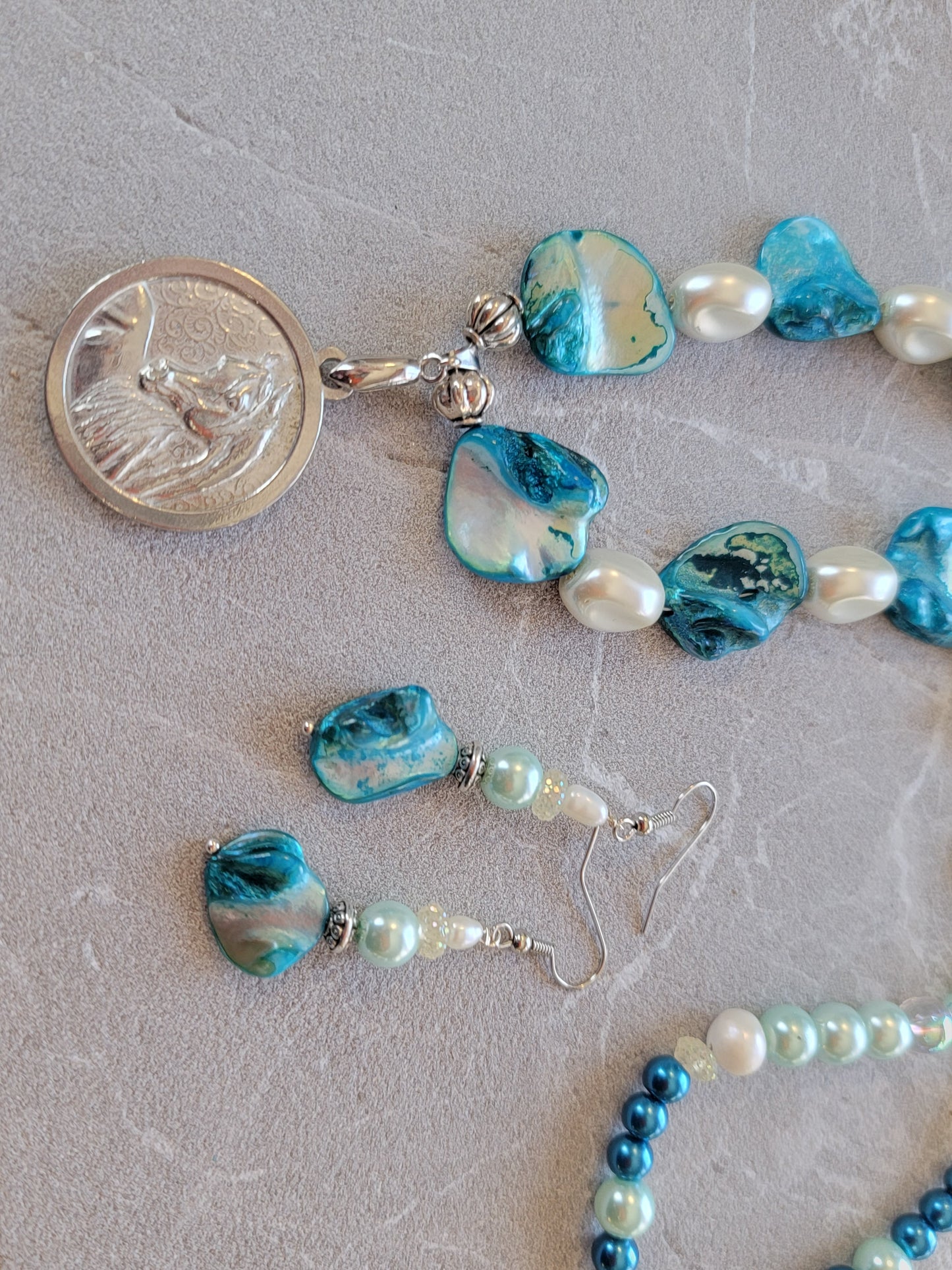 Pewter Horse Medallion Teal Shell & Pearl Necklace and Earring Set