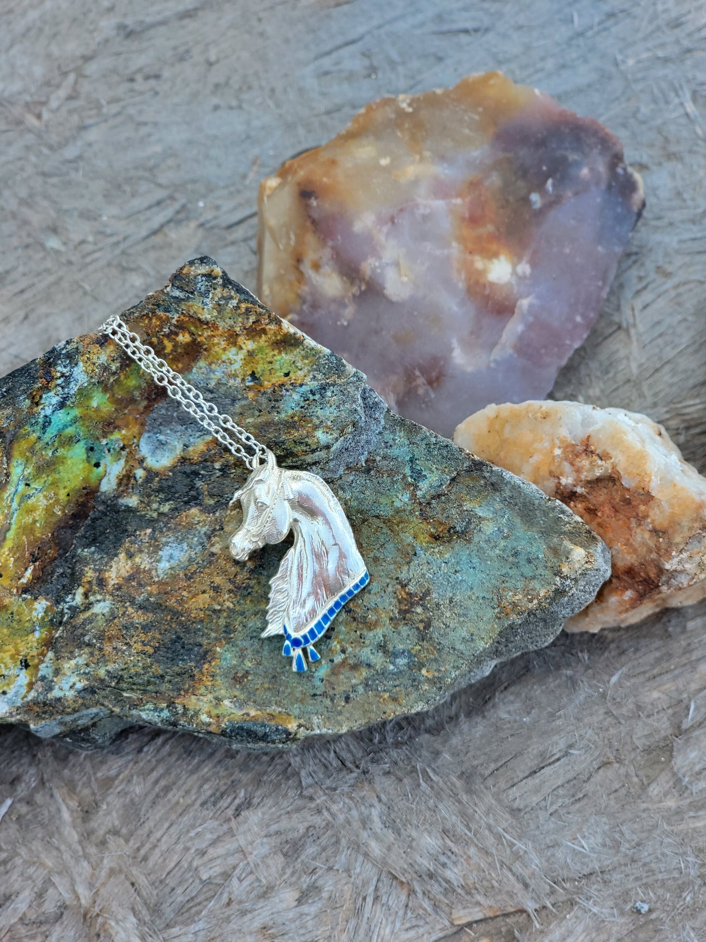 Sterling Silver Arabian Horse Necklace with Blue Enamel