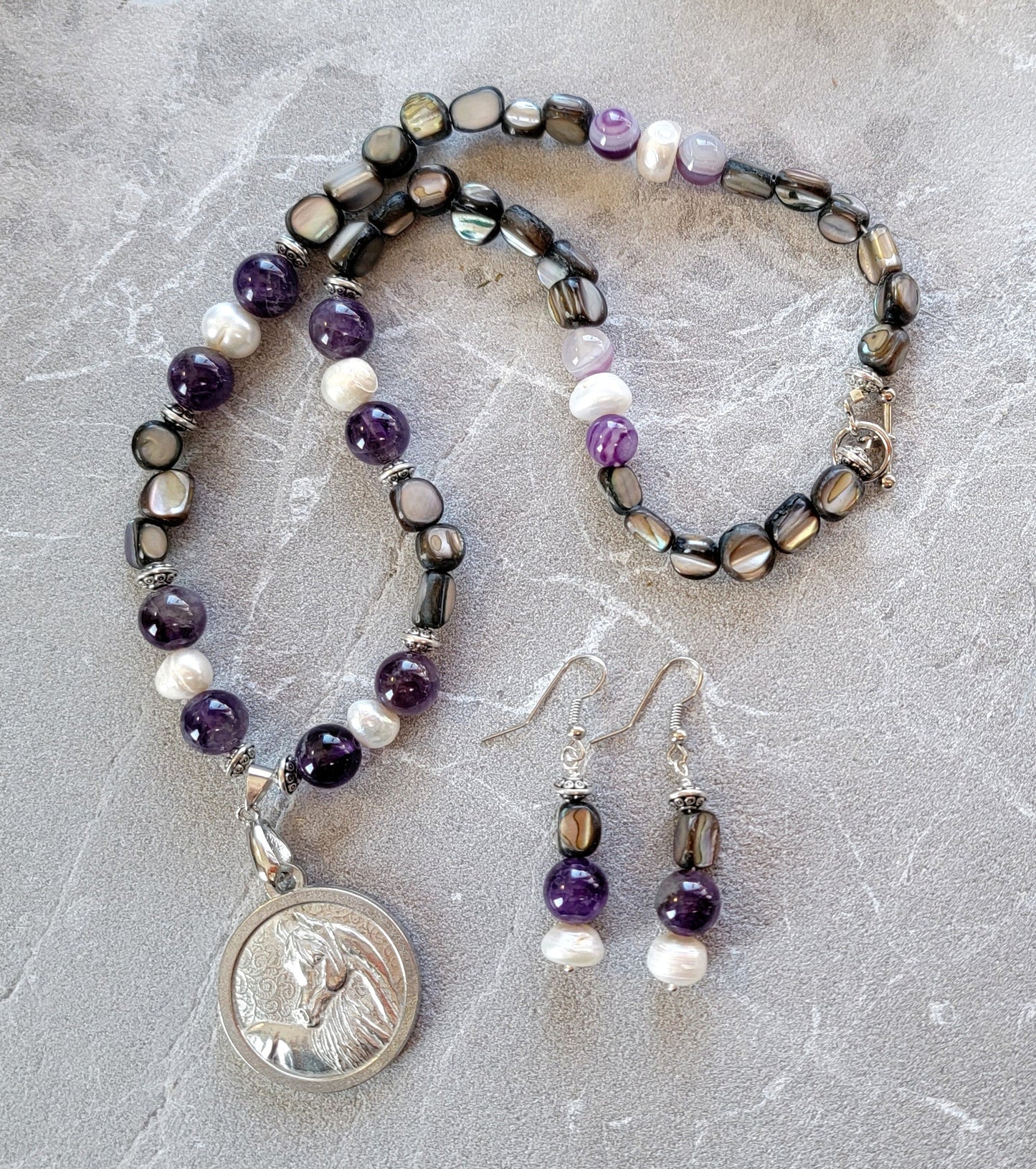 Pewter Horse Medallion Amethyst Pearl & Shell Necklace and Earring Set