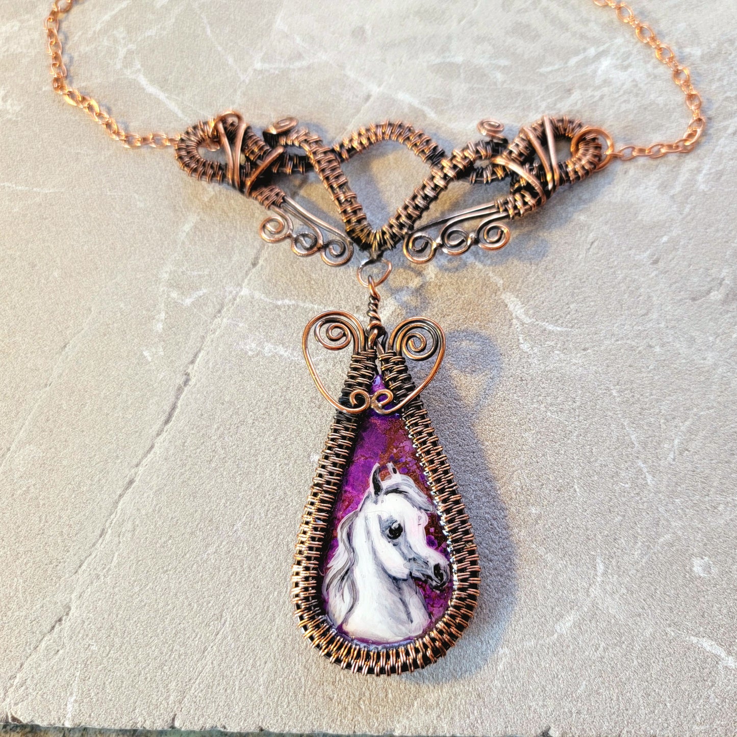 Copper Wire Wrapped Purple Jasper Hand Painted Arabian Horse Necklace