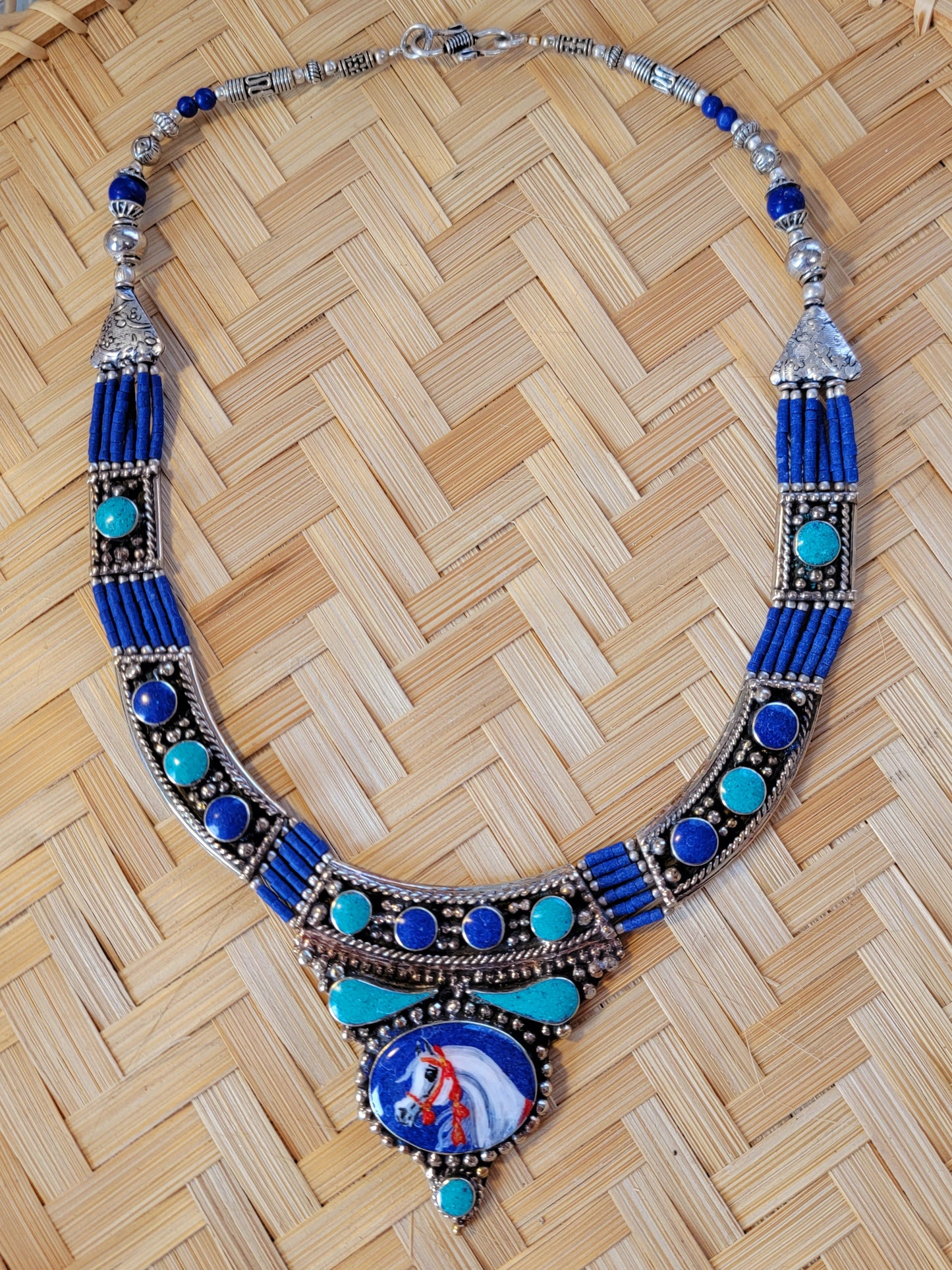 Sterling Silver Bedouin tribal Necklace Hand Painted Arabian Horse